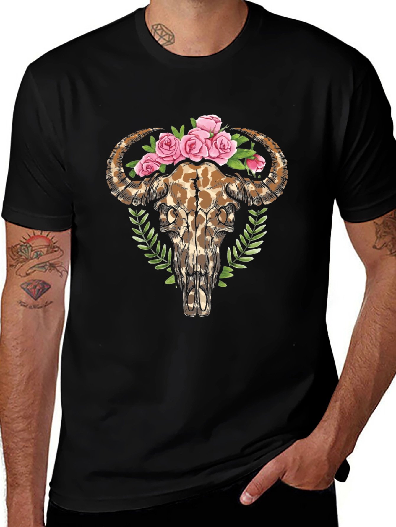 Floral Bull Skull Graphic Tee - Trendy Unisex T-Shirt