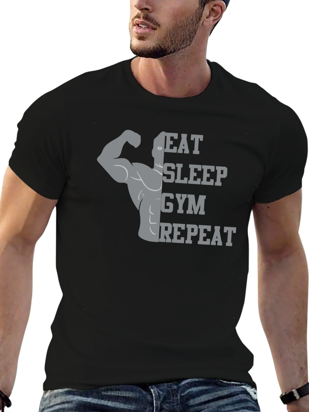 Eat Sleep Gym Repeat Black Graphic Tee