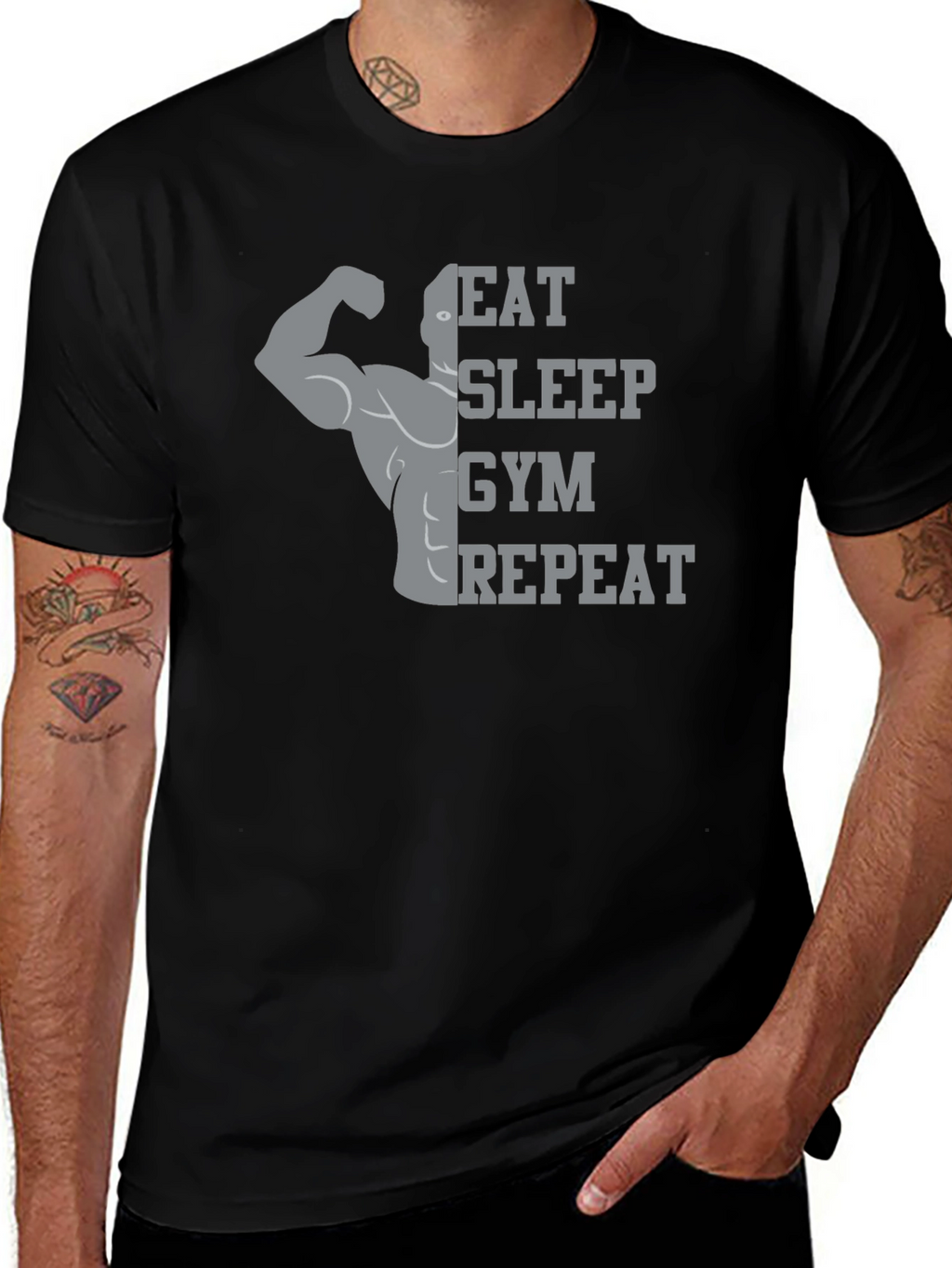 Eat Sleep Gym Repeat Black Graphic Tee