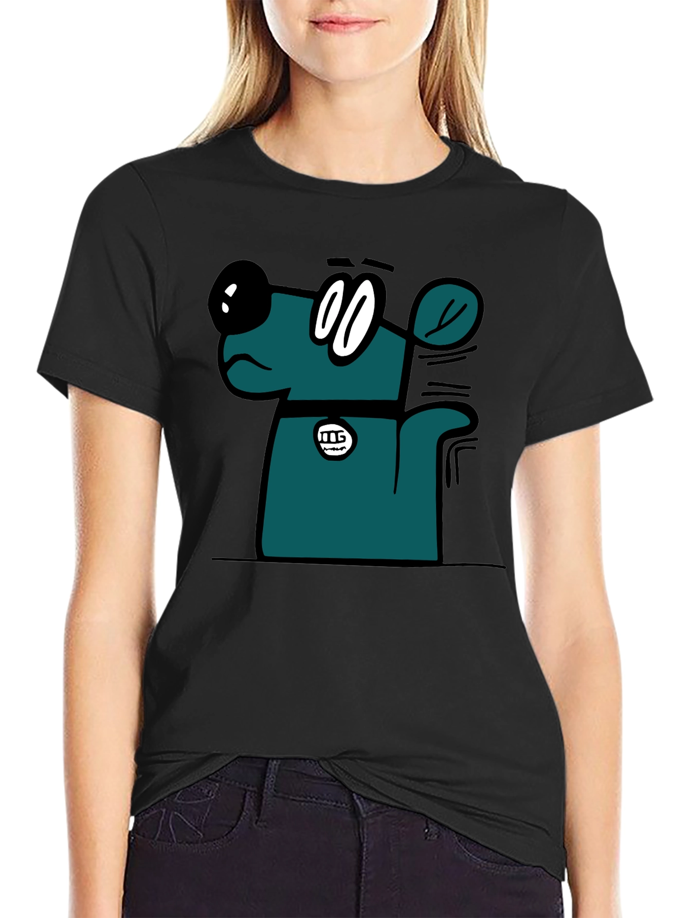 Cartoon Dog Graphic T-Shirt - Black Casual Tee