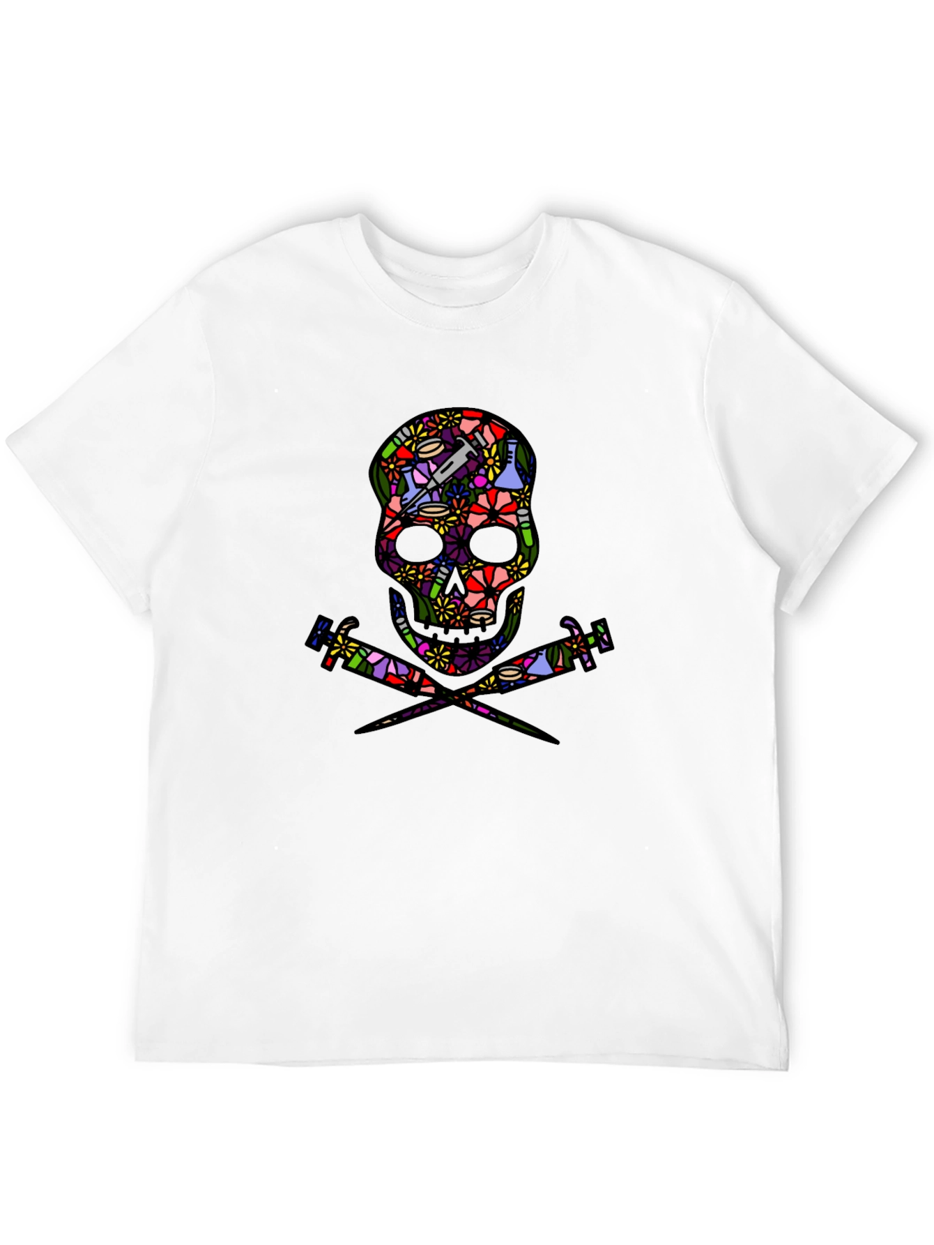Floral Skull and Syringe Black T-Shirt