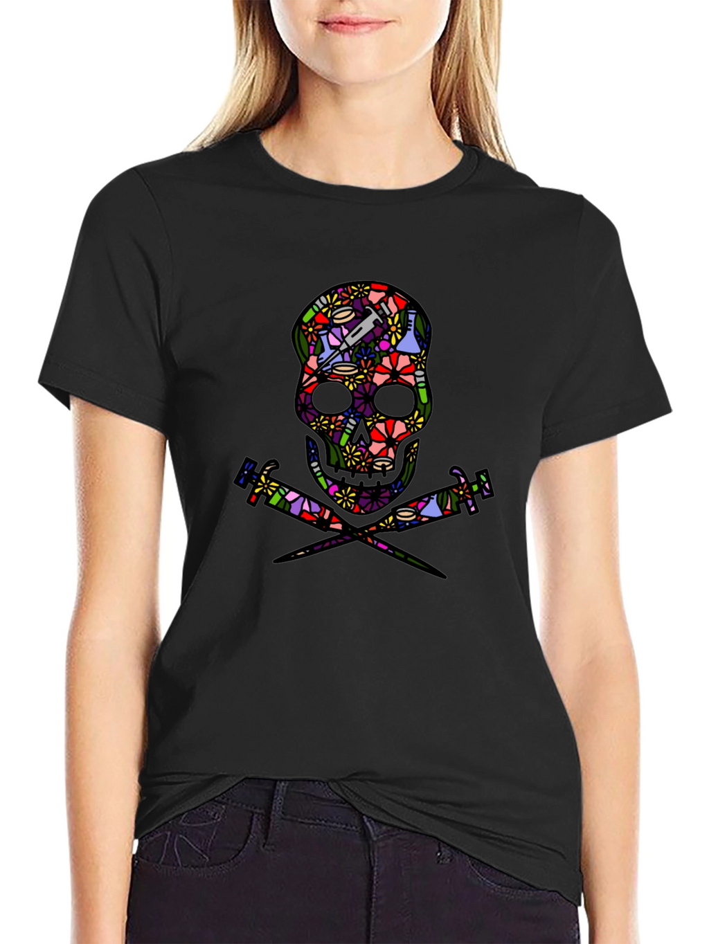 Floral Skull and Syringe Black T-Shirt