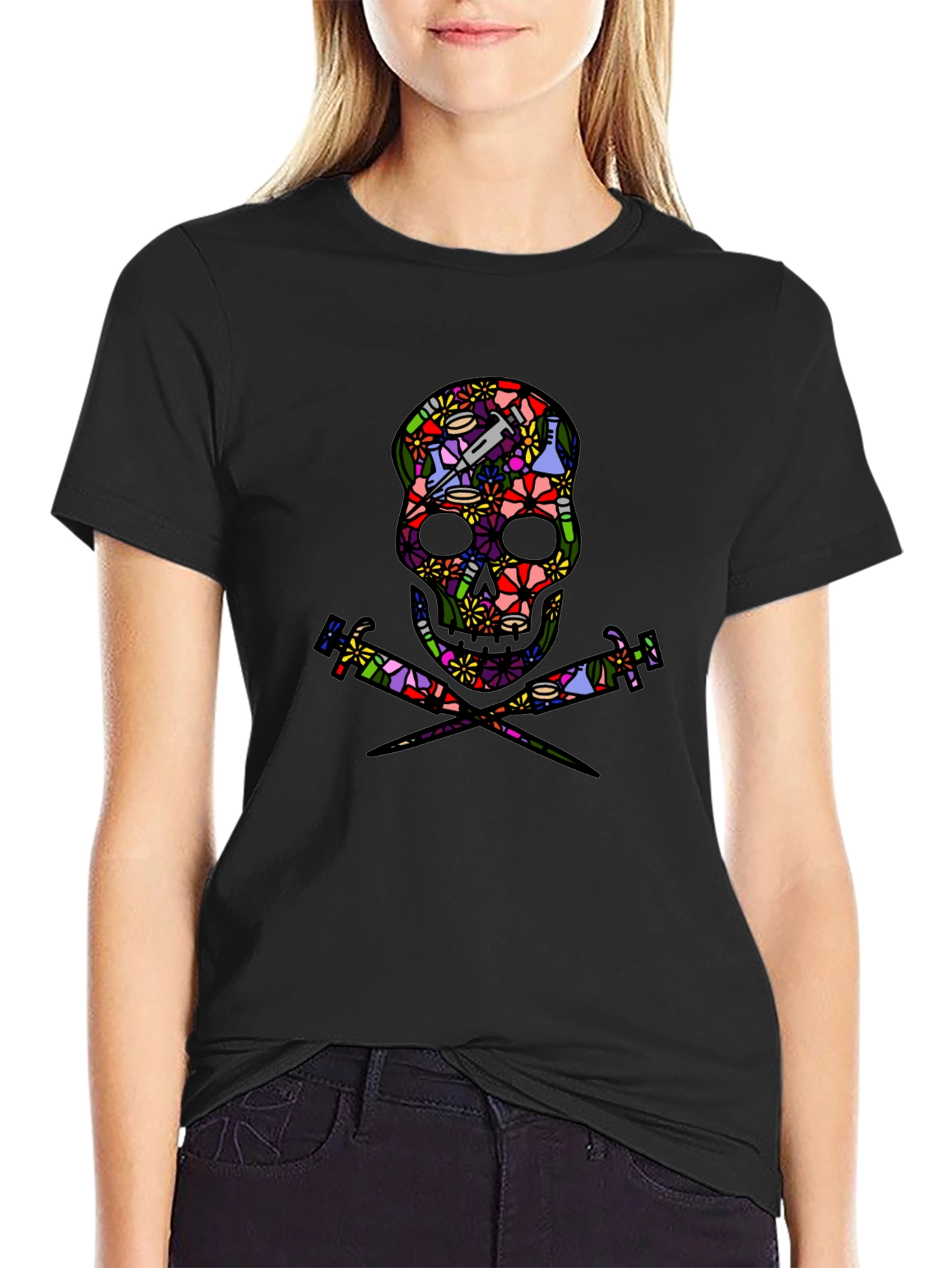 Floral Skull and Syringe Black T-Shirt