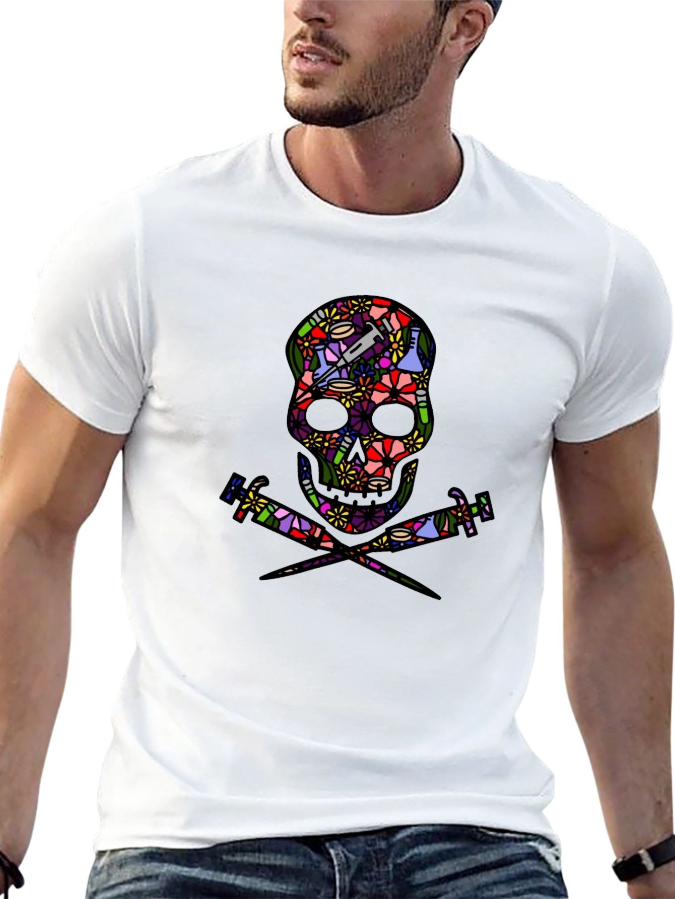 Floral Skull and Syringe Black T-Shirt