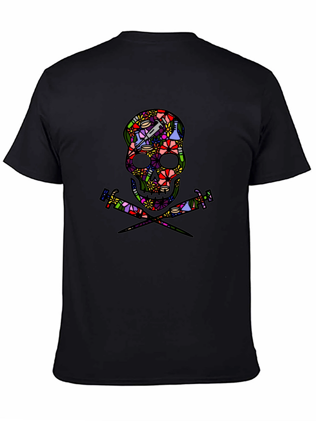Floral Skull and Syringe Black T-Shirt