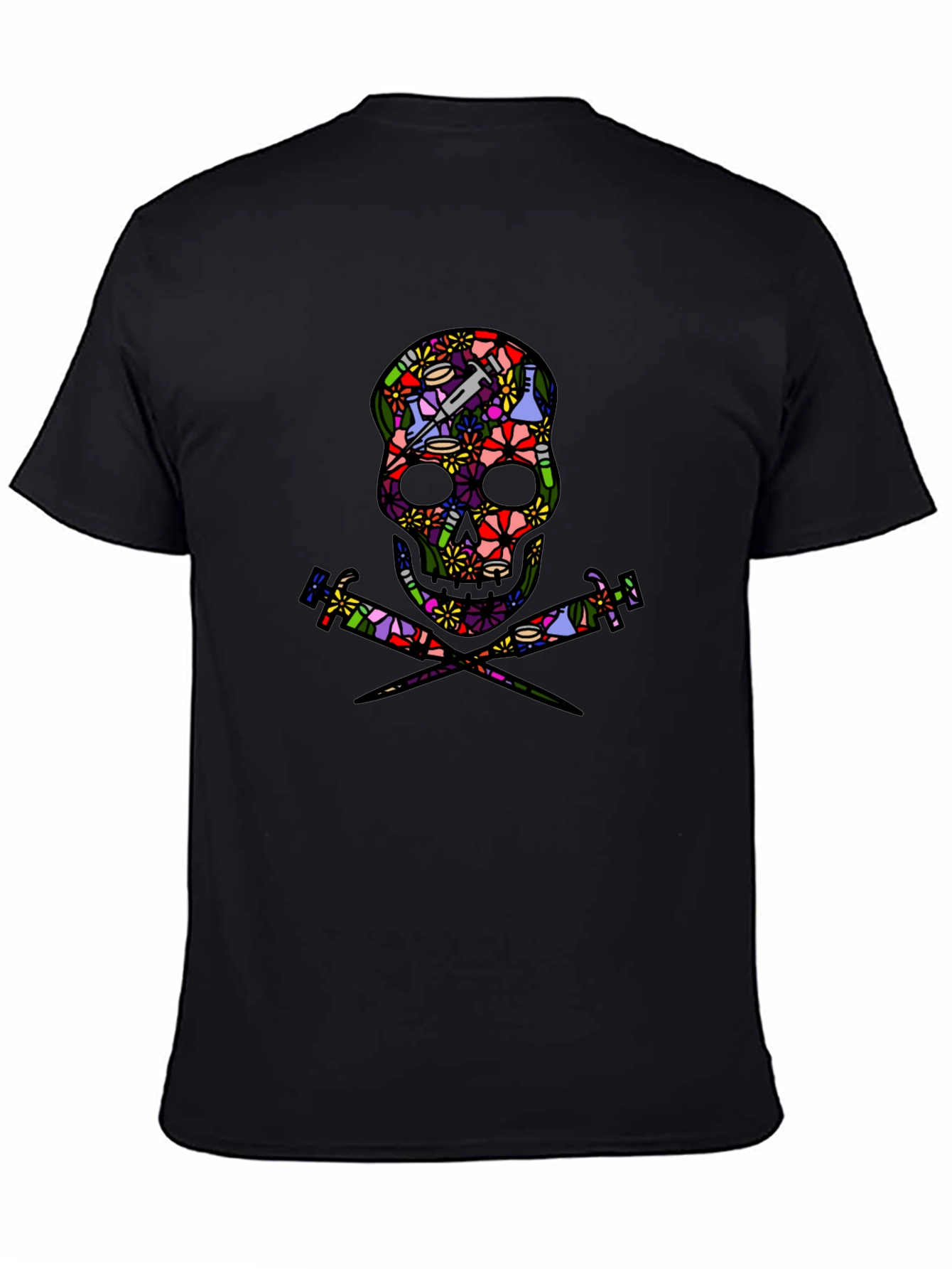 Floral Skull and Syringe Black T-Shirt