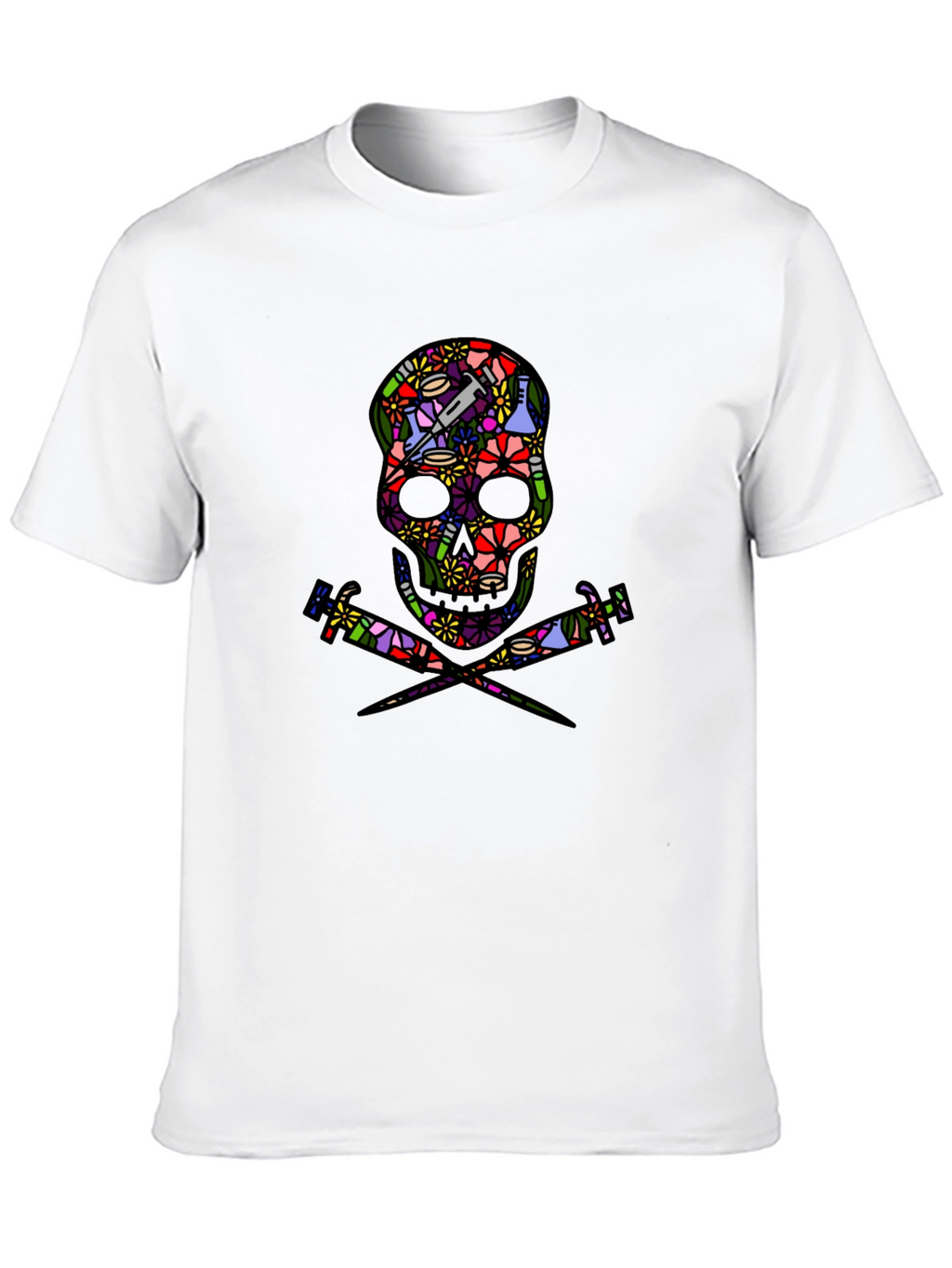 Floral Skull and Syringe Black T-Shirt
