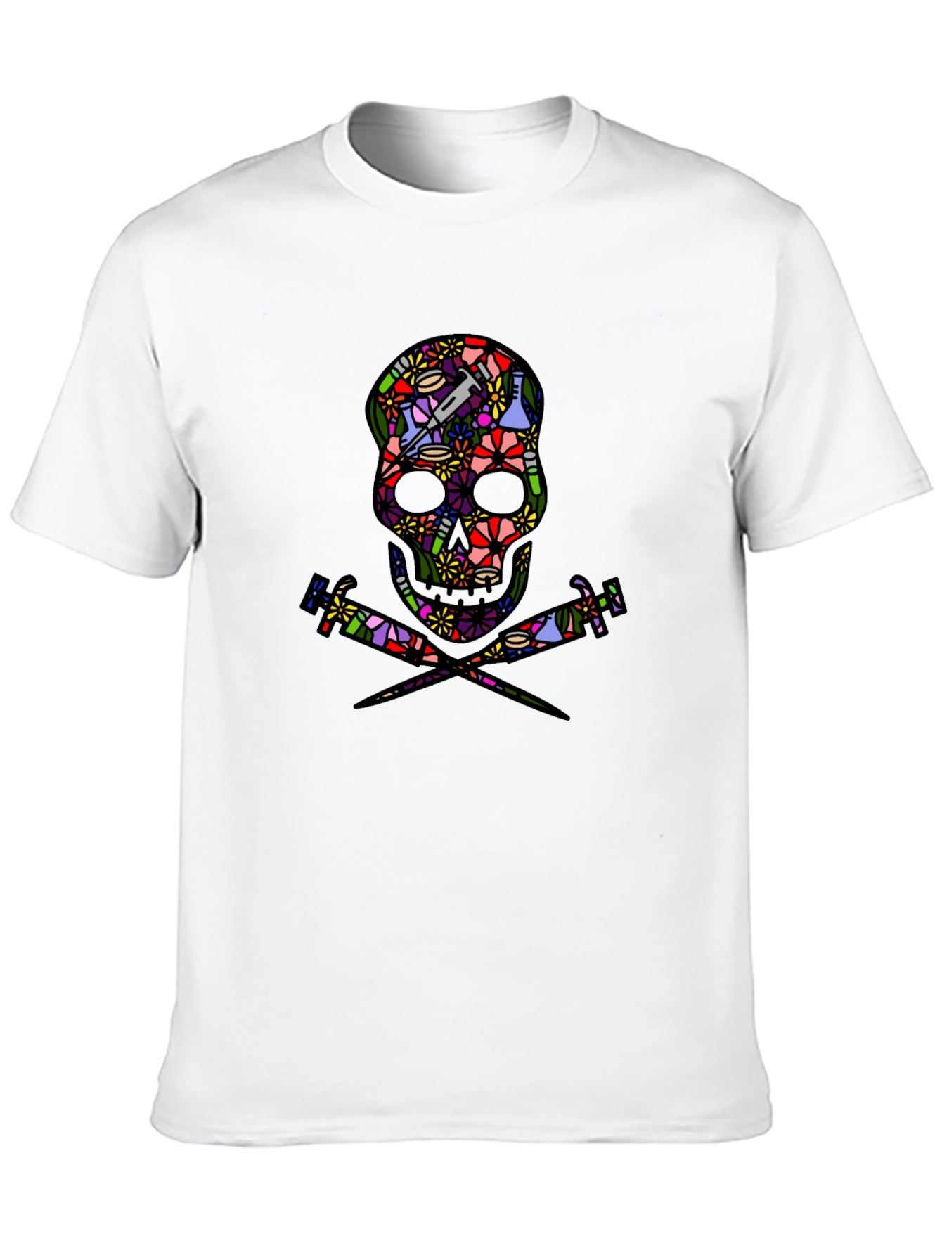 Floral Skull and Syringe Black T-Shirt