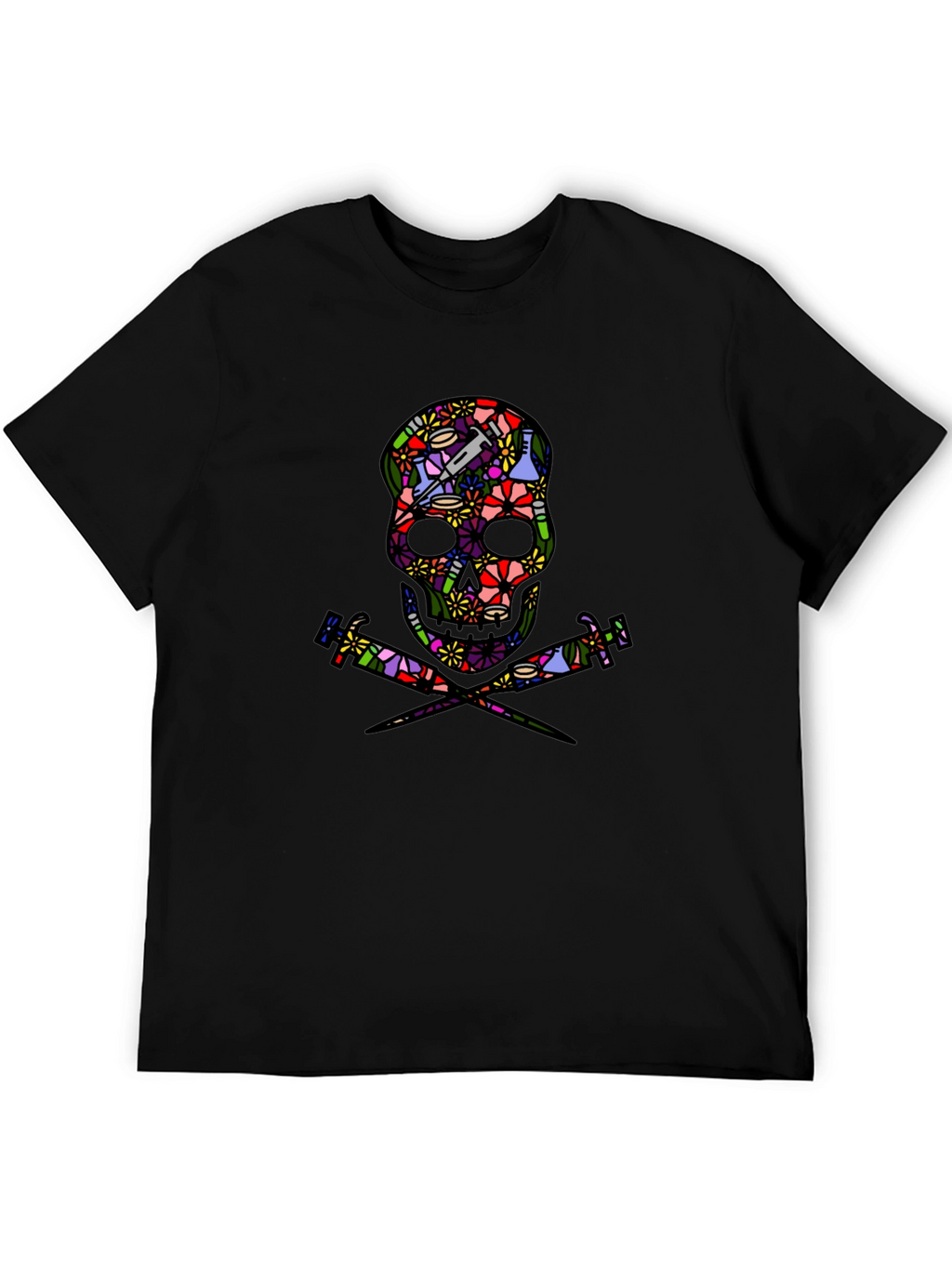 Floral Skull and Syringe Black T-Shirt