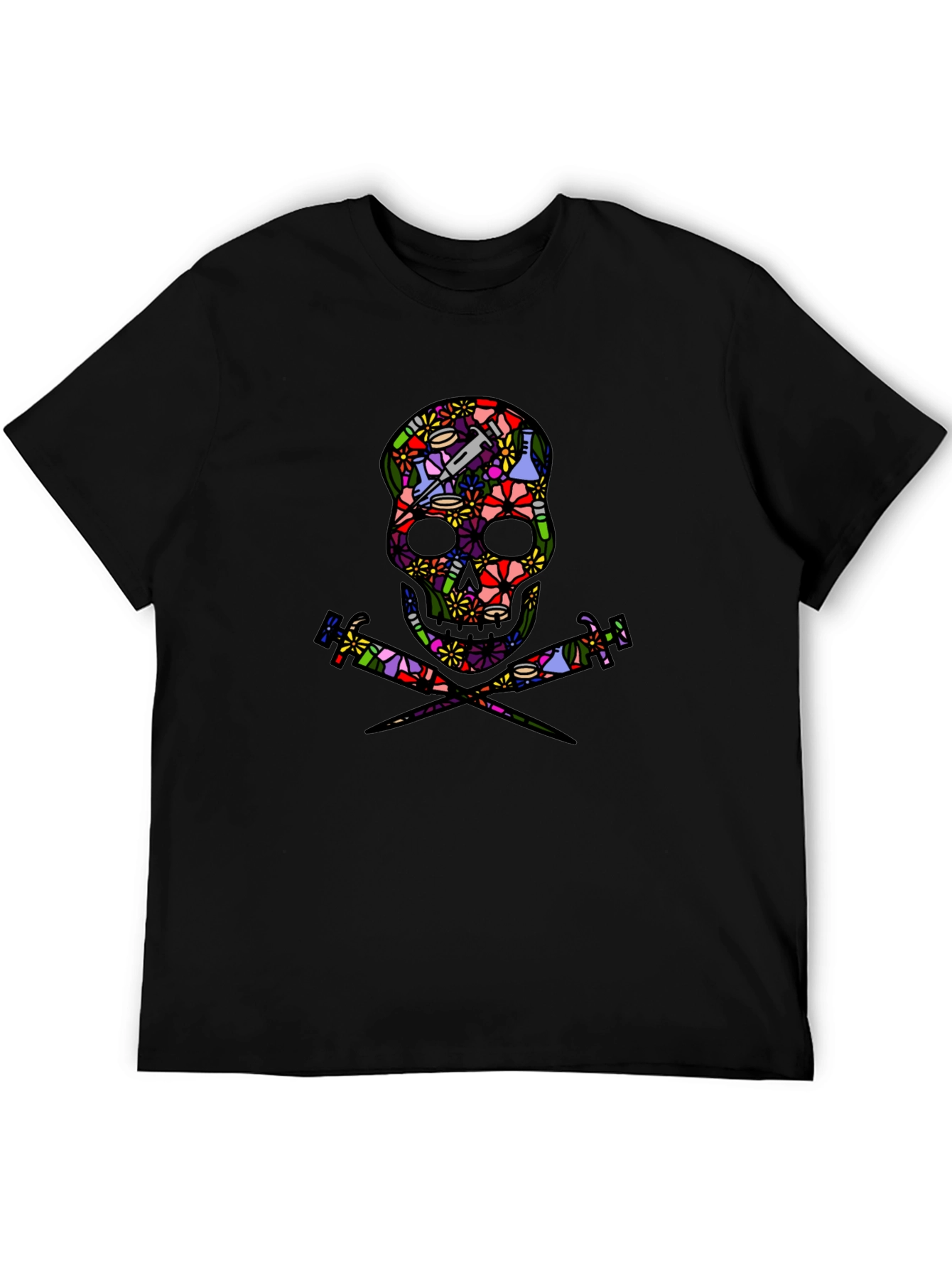 Floral Skull and Syringe Black T-Shirt