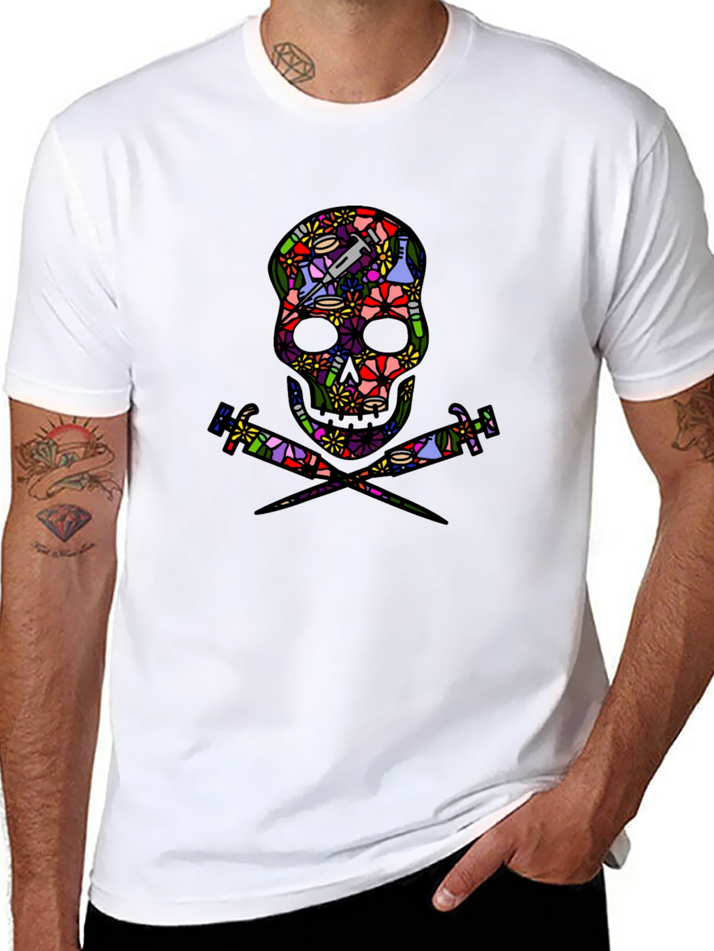 Floral Skull and Syringe Black T-Shirt
