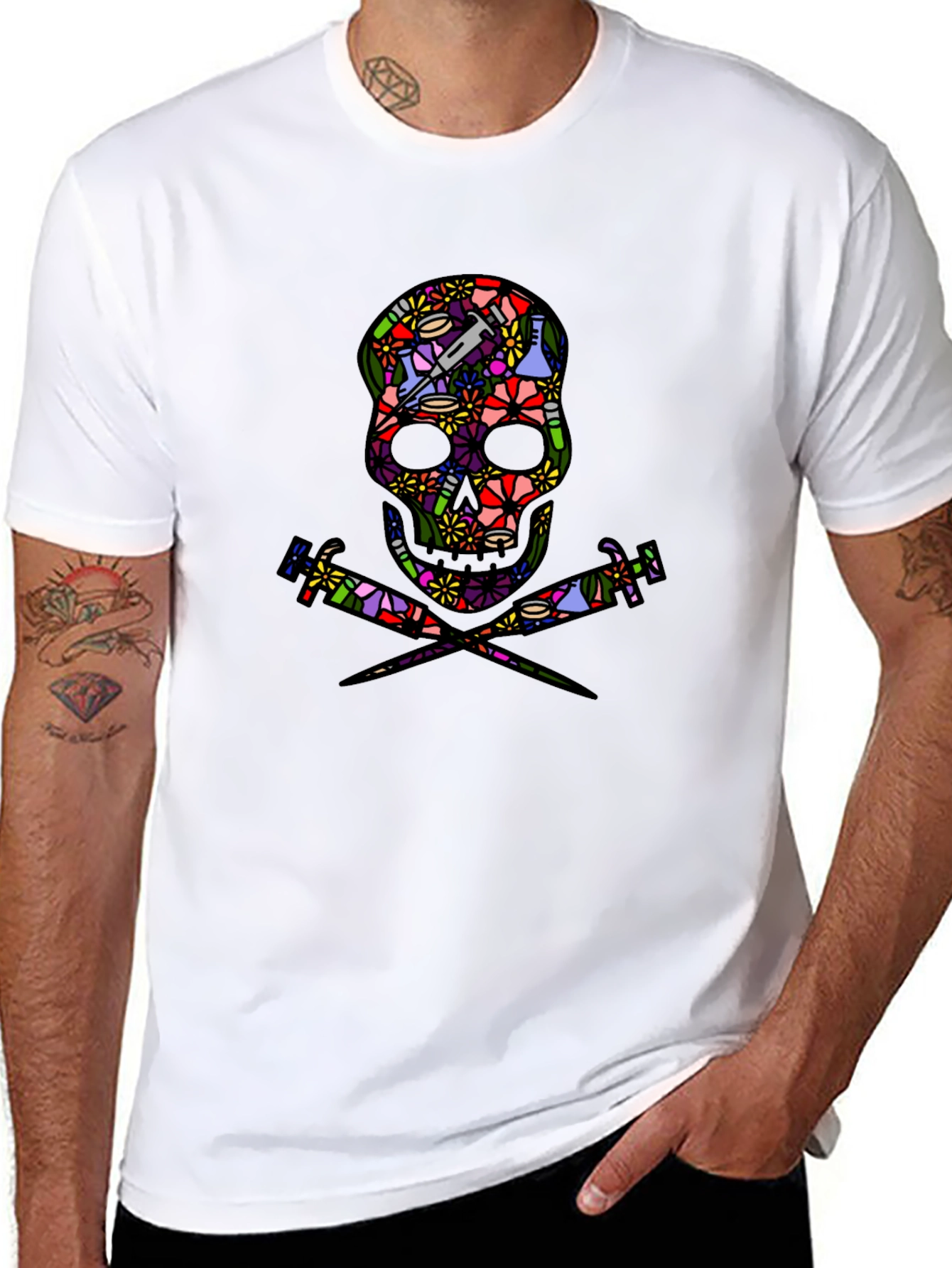 Floral Skull and Syringe Black T-Shirt
