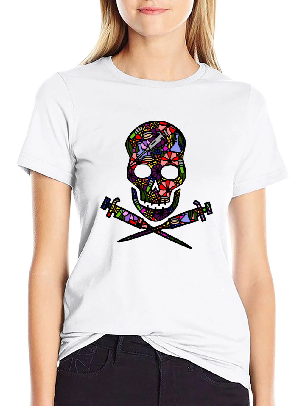 Floral Skull and Syringe Black T-Shirt