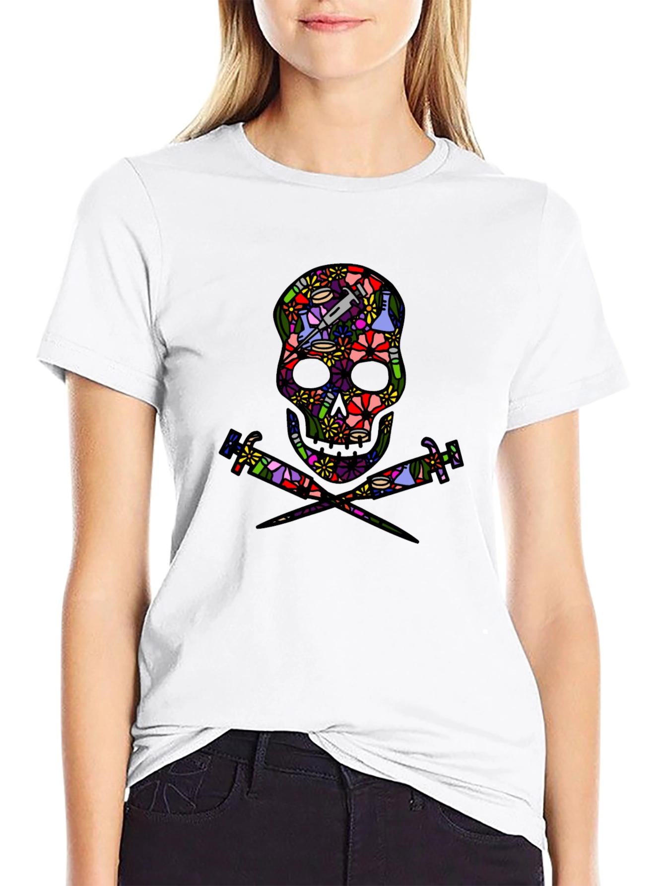 Floral Skull and Syringe Black T-Shirt