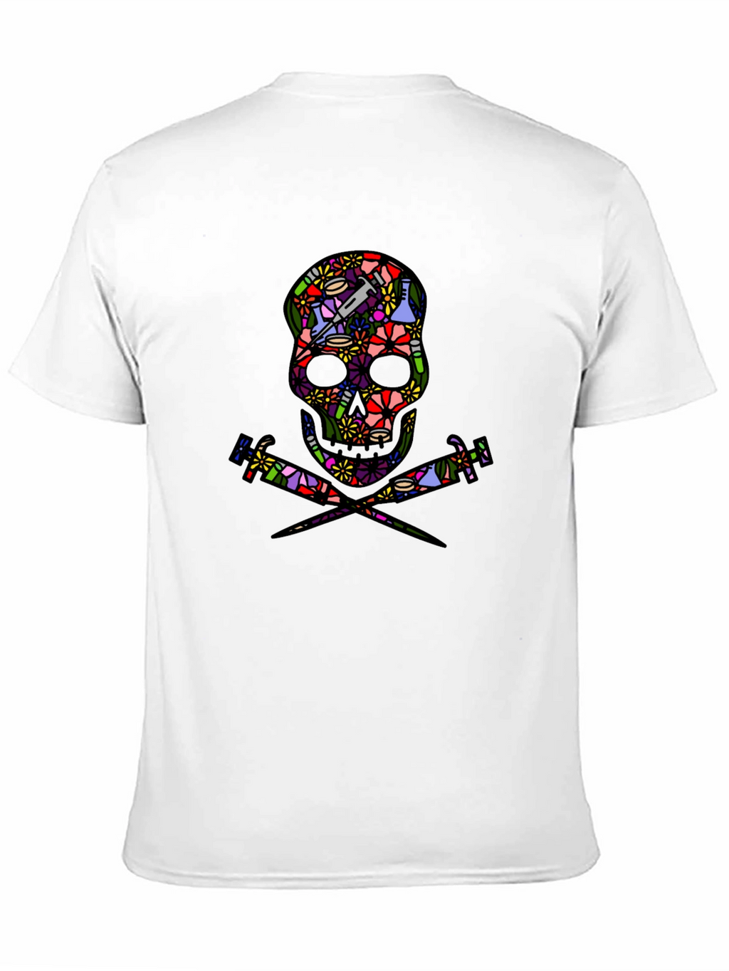 Floral Skull and Syringe Black T-Shirt