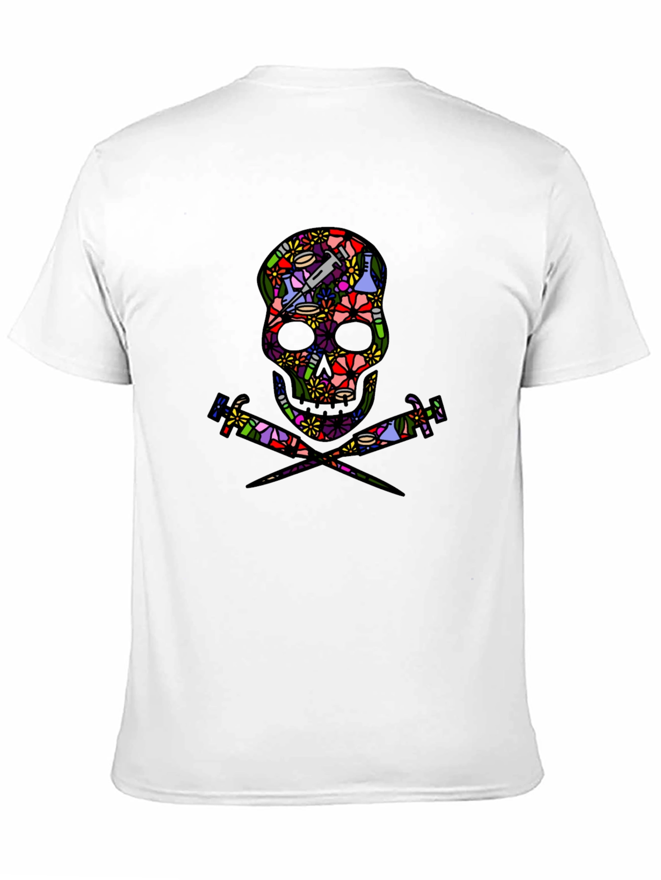 Floral Skull and Syringe Black T-Shirt