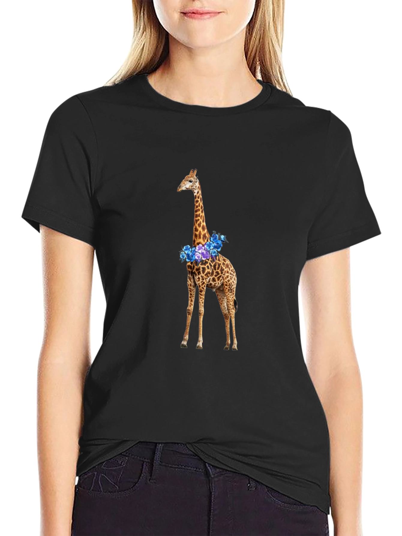 Floral Giraffe Graphic T-Shirt - Black Cotton Tee