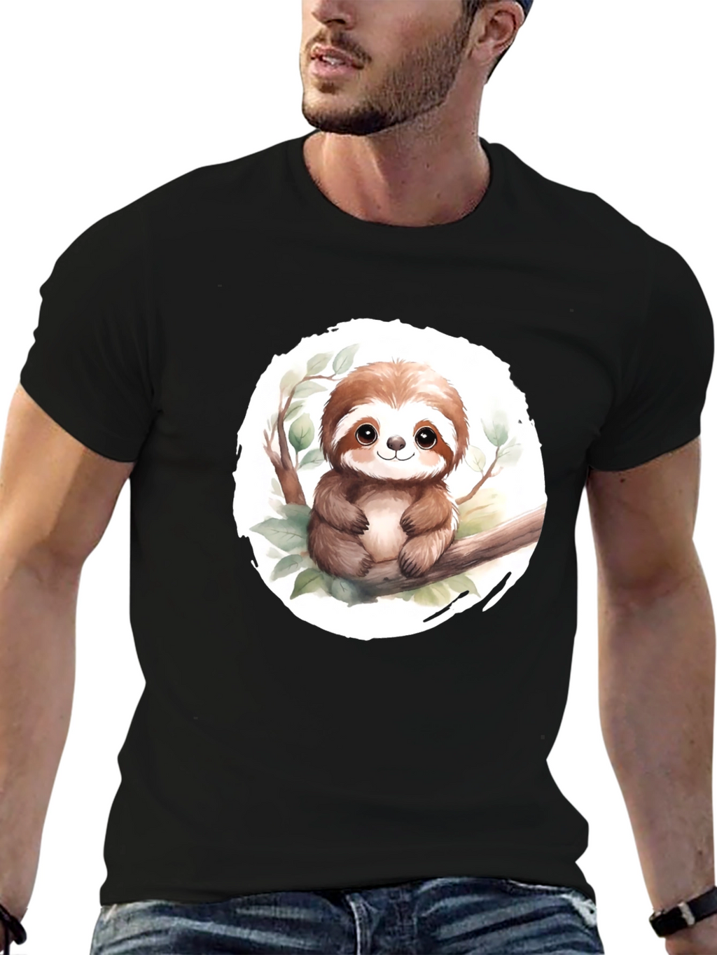 Cute Sloth on Branch Mens Black T-Shirt