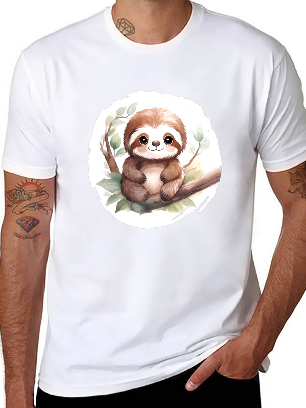Cute Sloth on Branch Mens Black T-Shirt