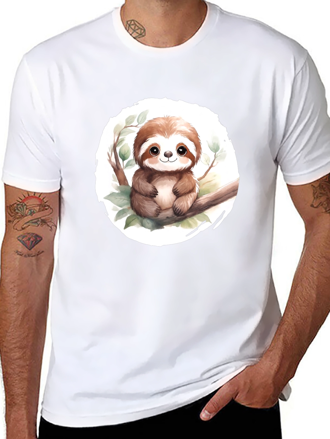 Cute Sloth on Branch Mens Black T-Shirt
