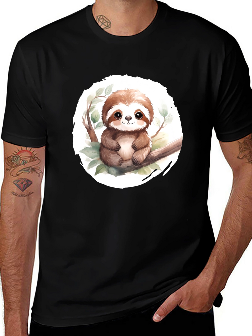 Cute Sloth on Branch Mens Black T-Shirt