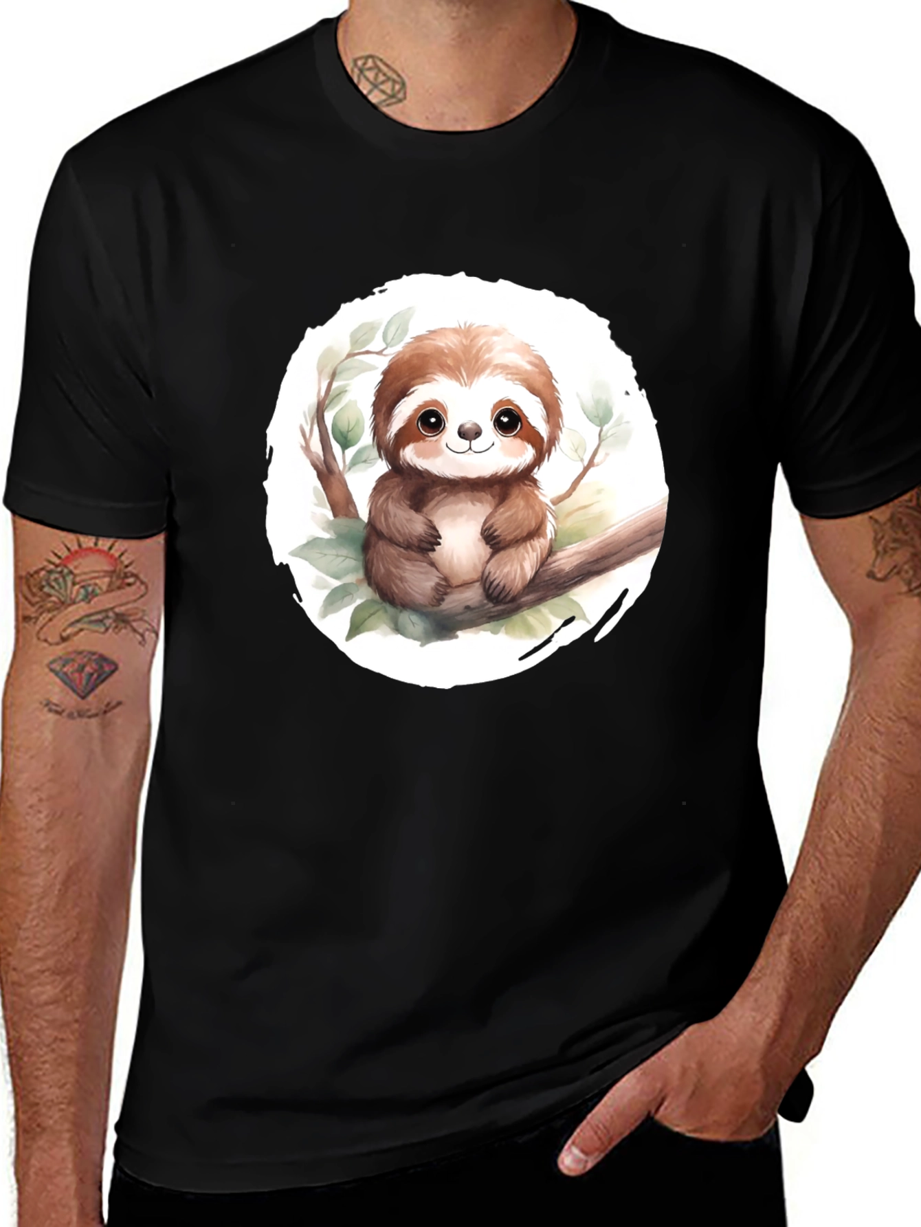 Cute Sloth on Branch Mens Black T-Shirt