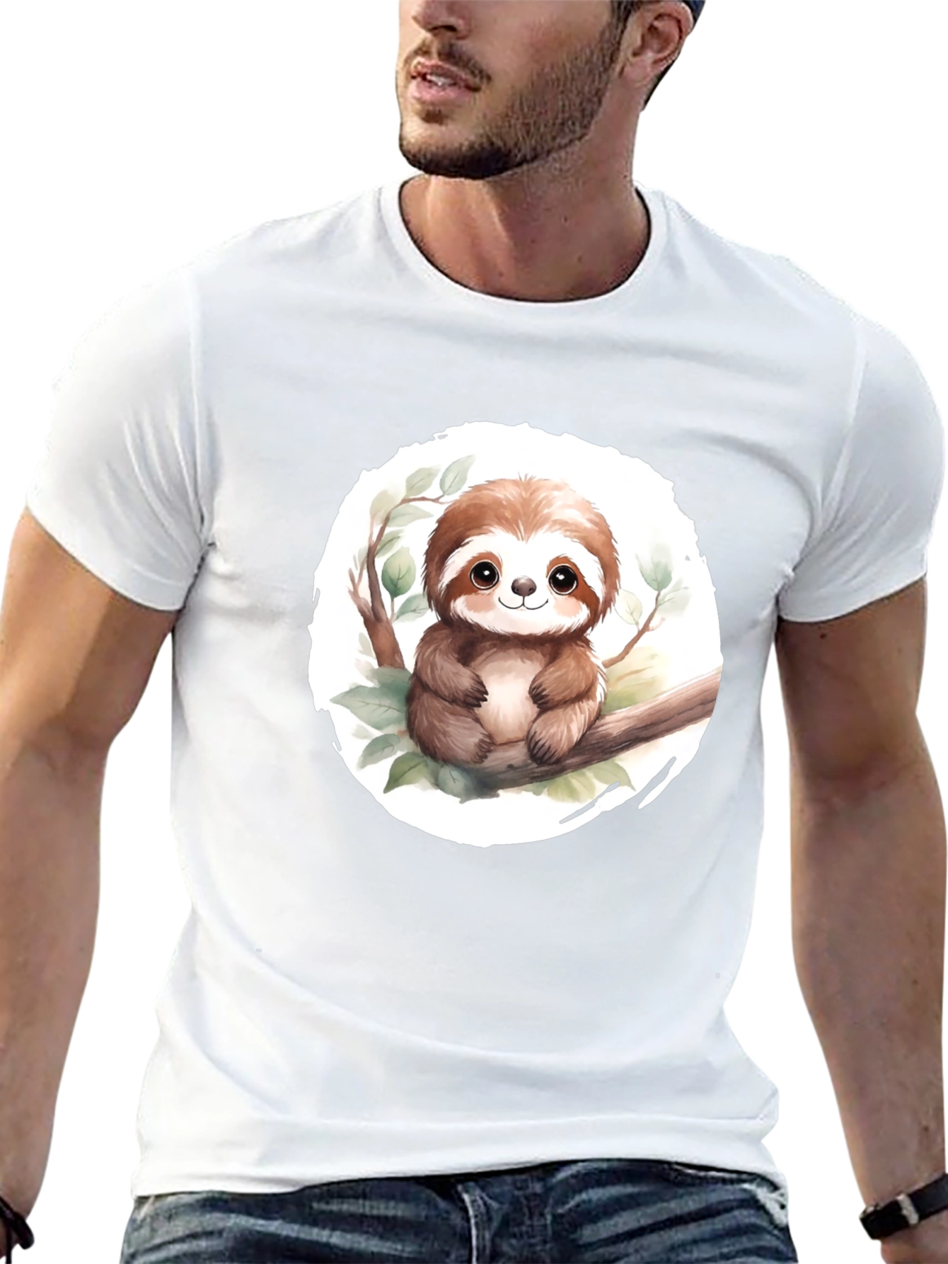Cute Sloth on Branch Mens Black T-Shirt