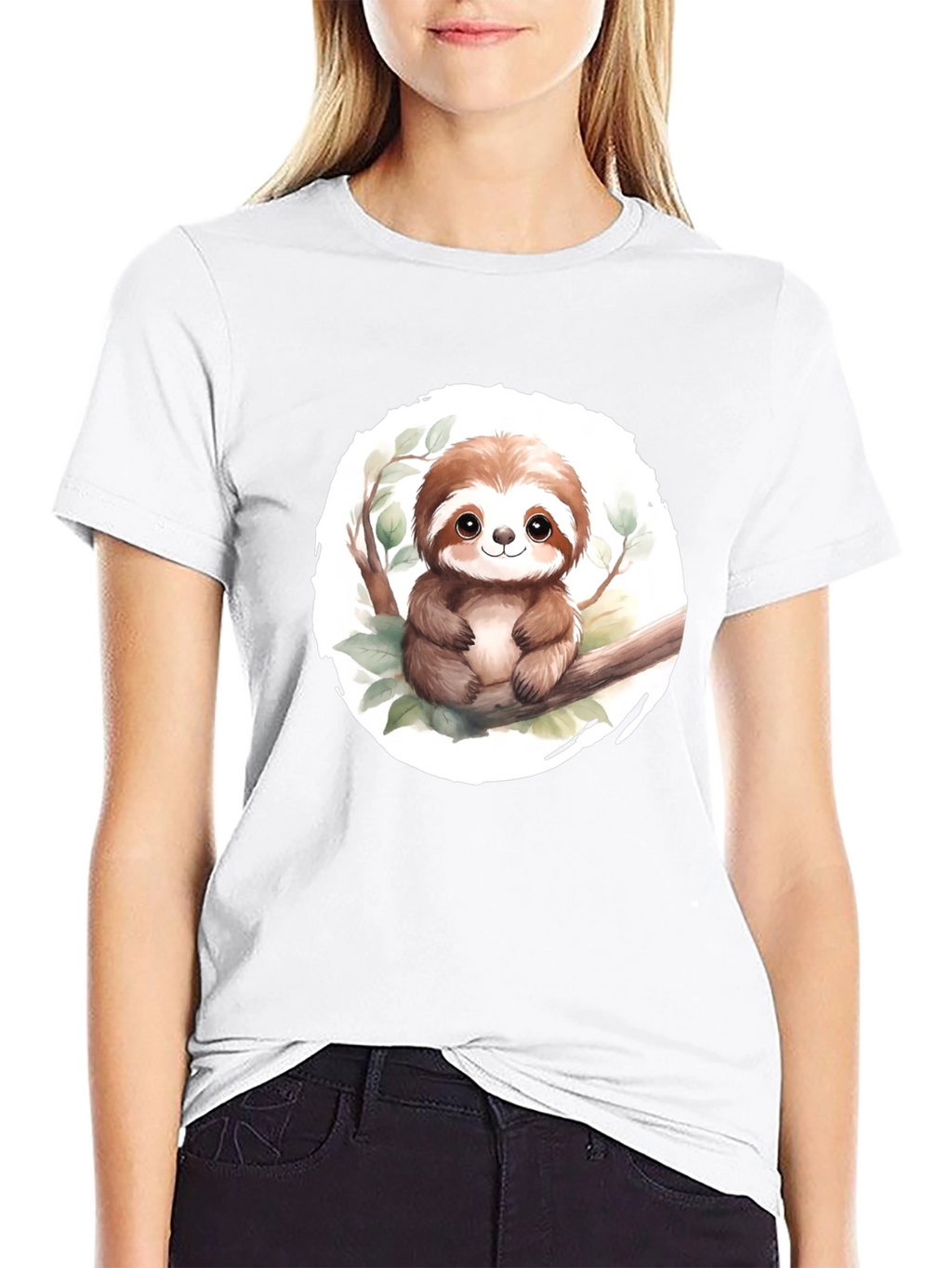 Cute Sloth on Branch Mens Black T-Shirt