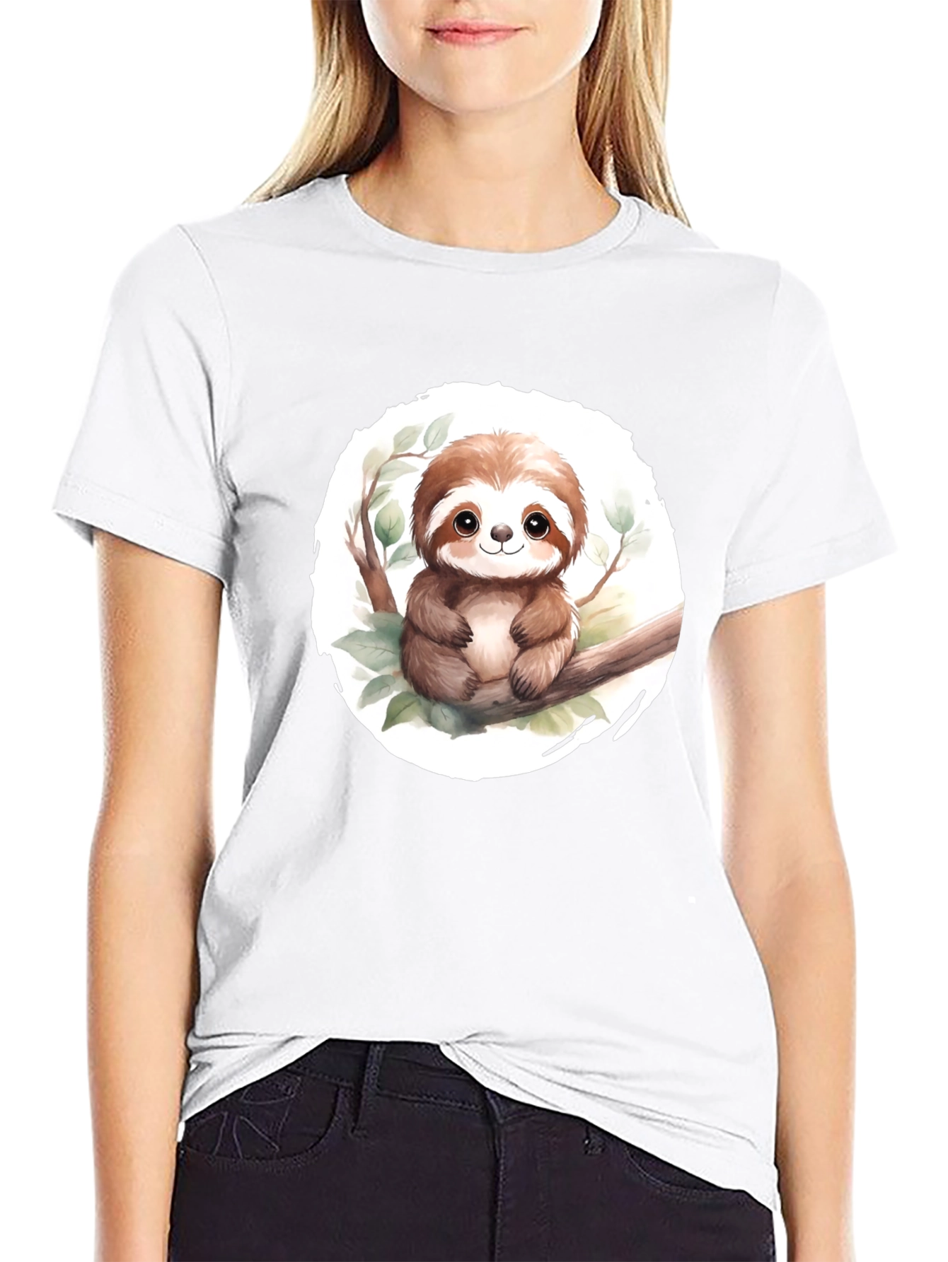 Cute Sloth on Branch Mens Black T-Shirt