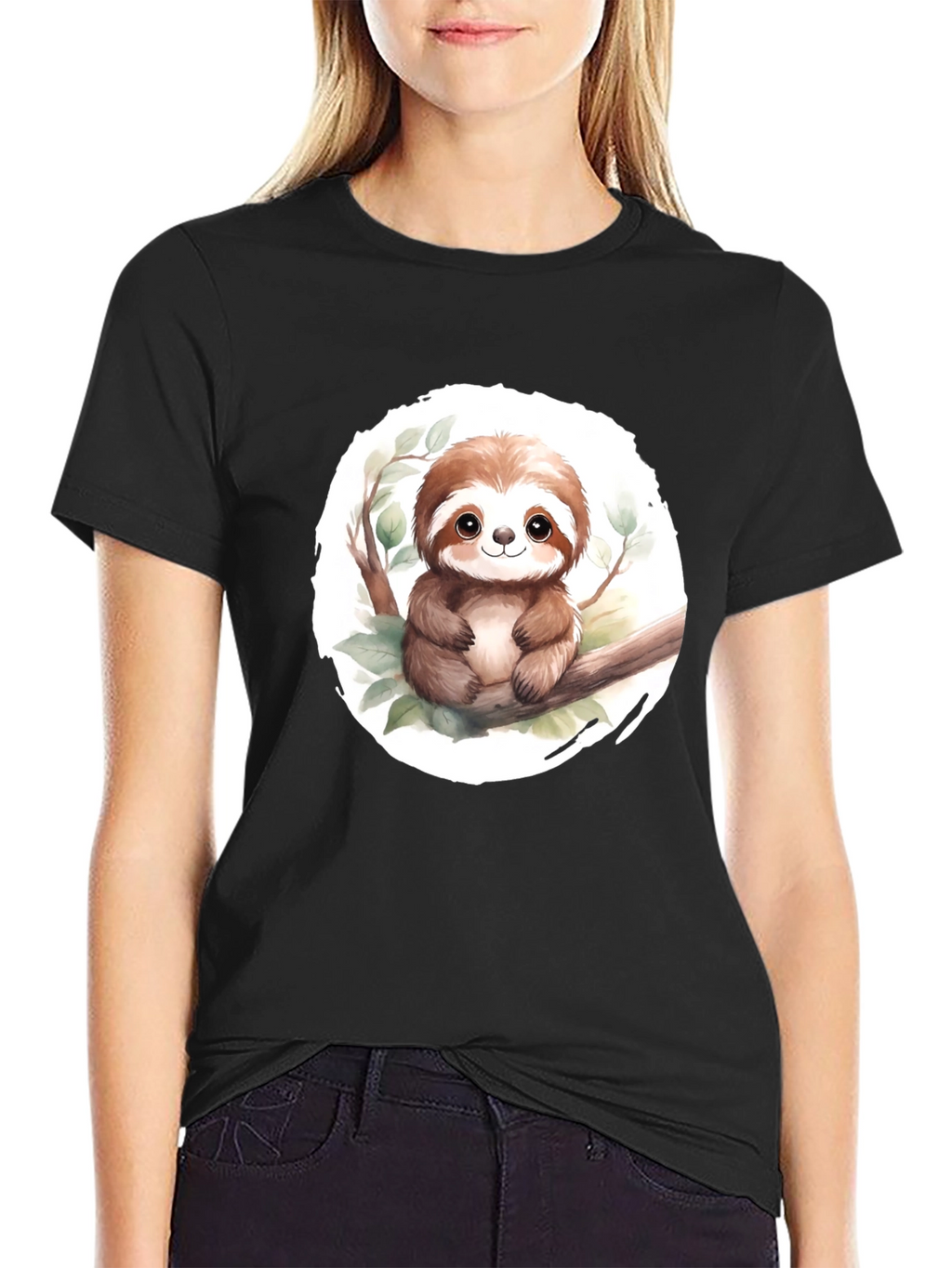 Cute Sloth on Branch Mens Black T-Shirt