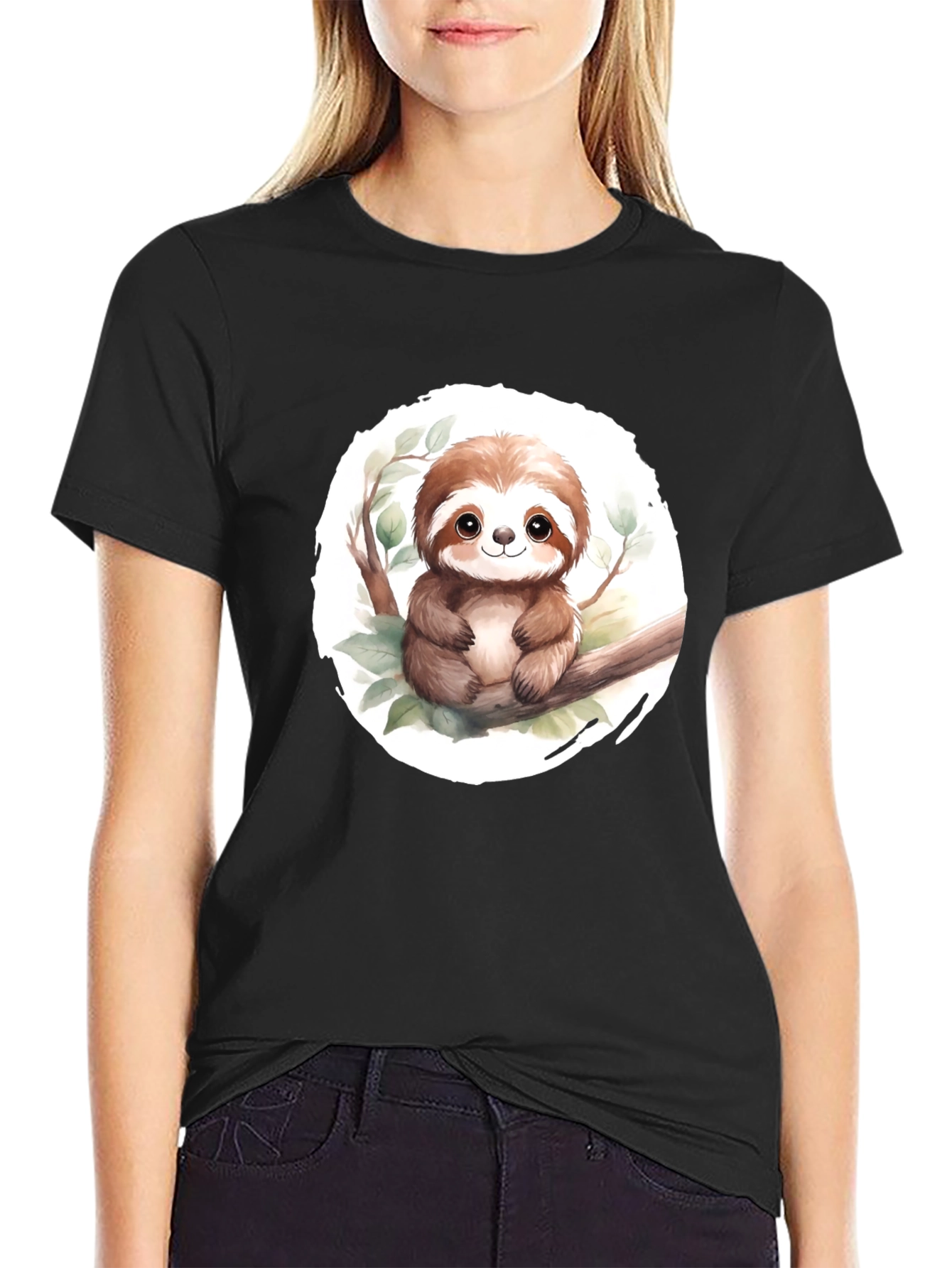 Cute Sloth on Branch Mens Black T-Shirt