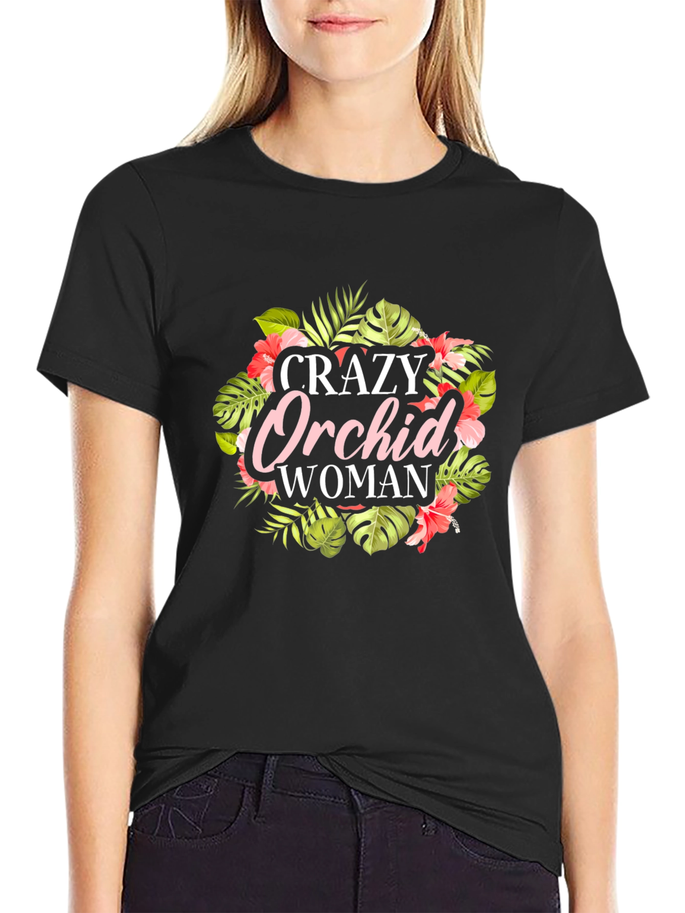 Crazy Orchid Woman Graphic Tee - Black Cotton T-Shirt
