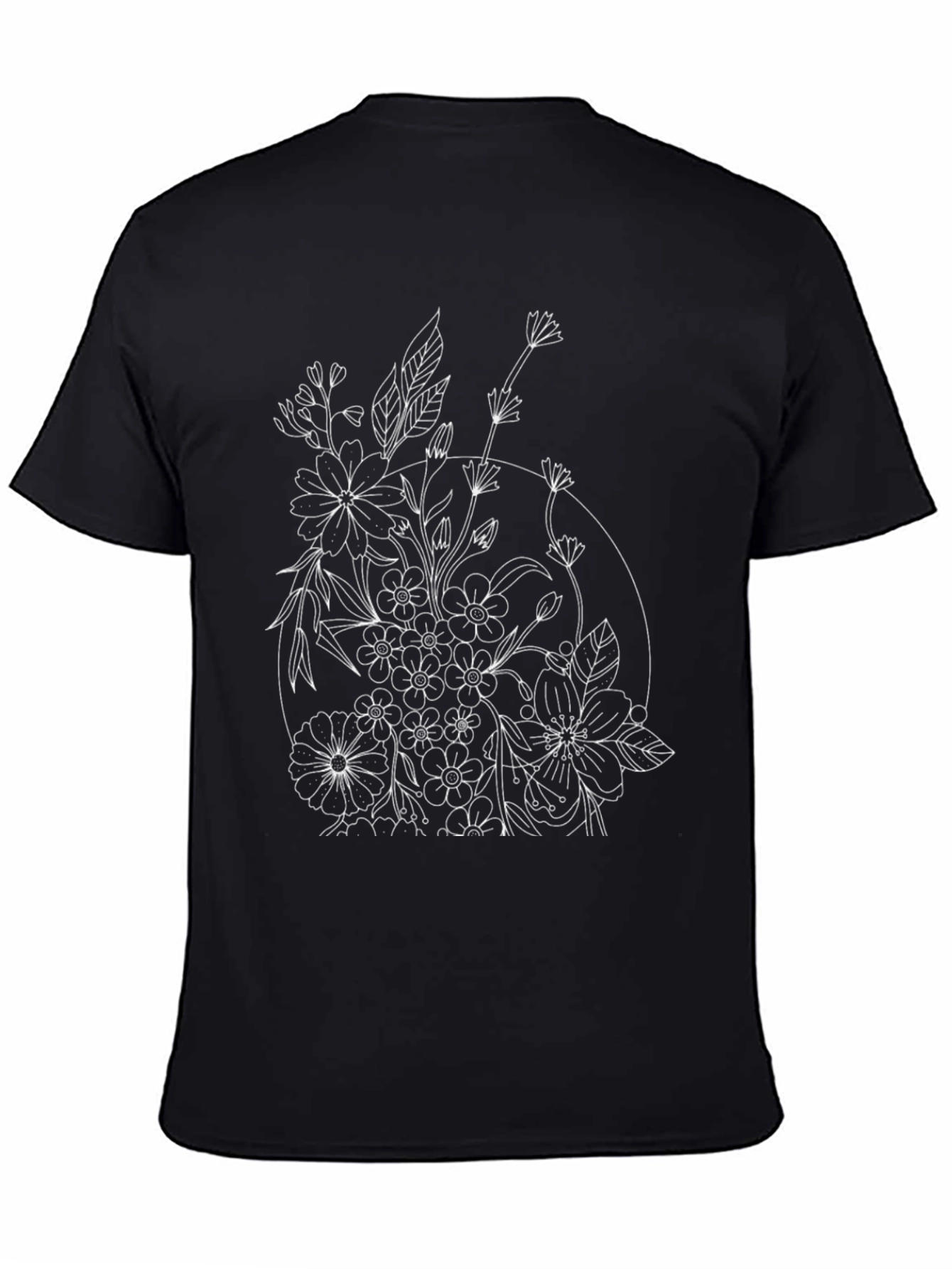 Floral Print Black T-Shirt - Botanical Line Art Design