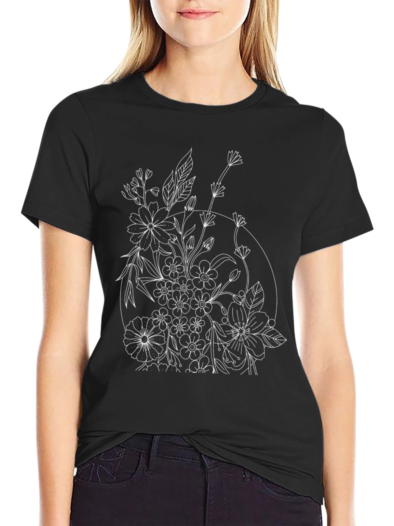 Floral Print Black T-Shirt - Botanical Line Art Design
