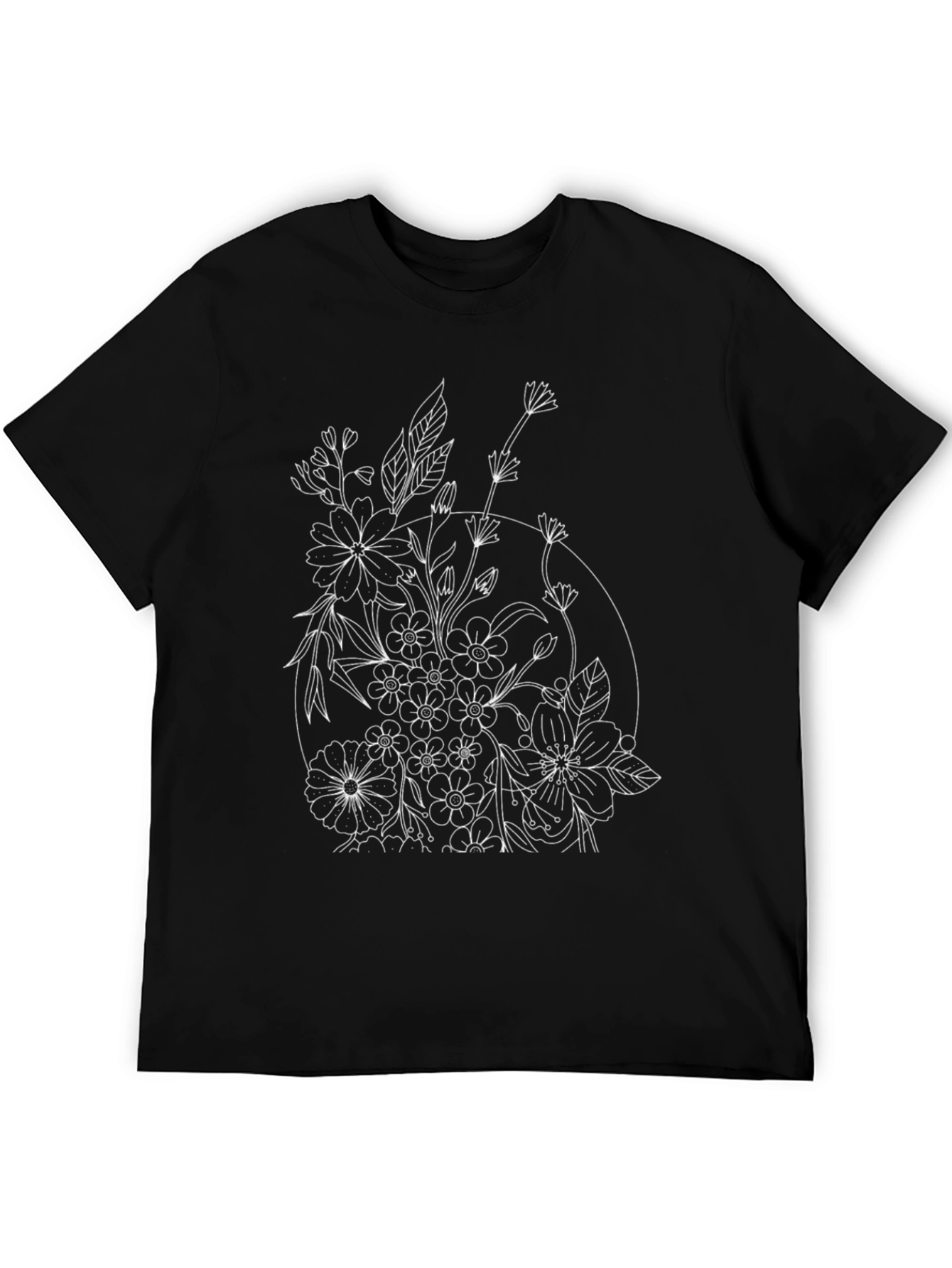 Floral Print Black T-Shirt - Botanical Line Art Design