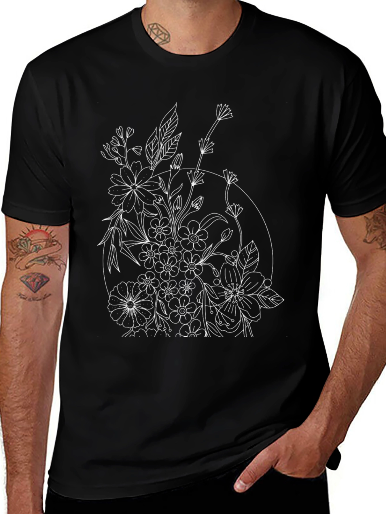 Floral Print Black T-Shirt - Botanical Line Art Design