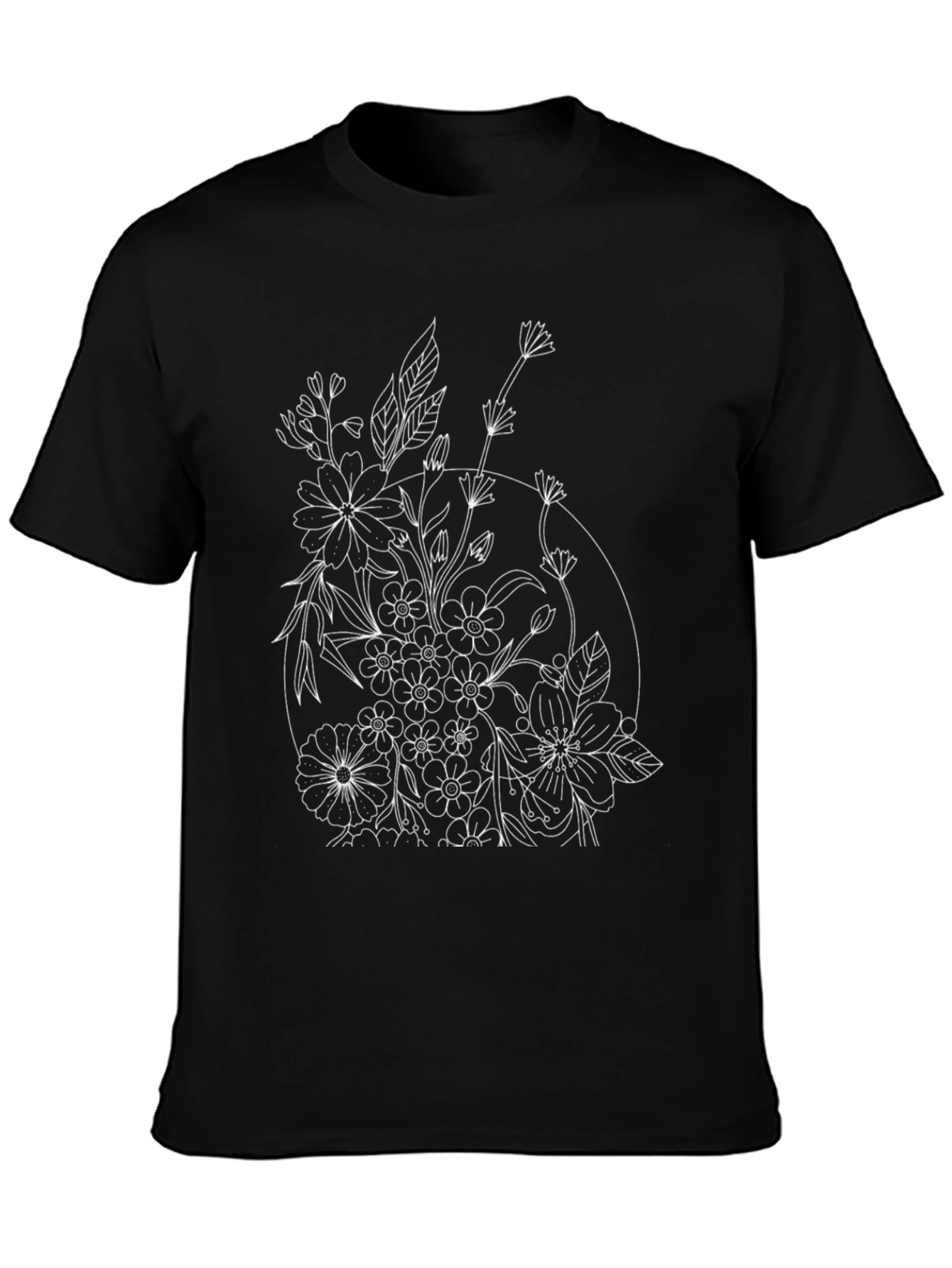 Floral Print Black T-Shirt - Botanical Line Art Design