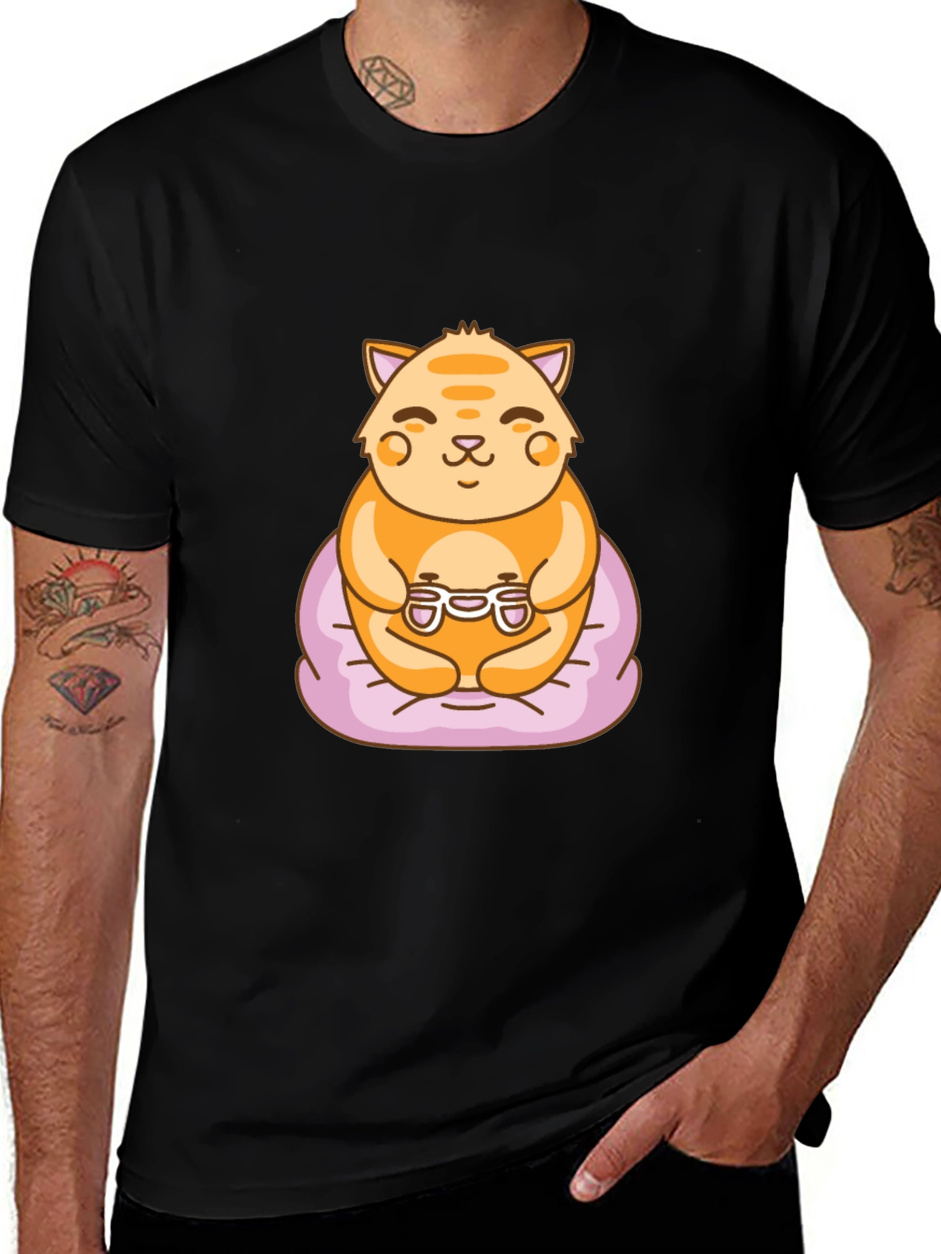 Gamer Cat Graphic Tee - Cute Cartoon T-Shirt