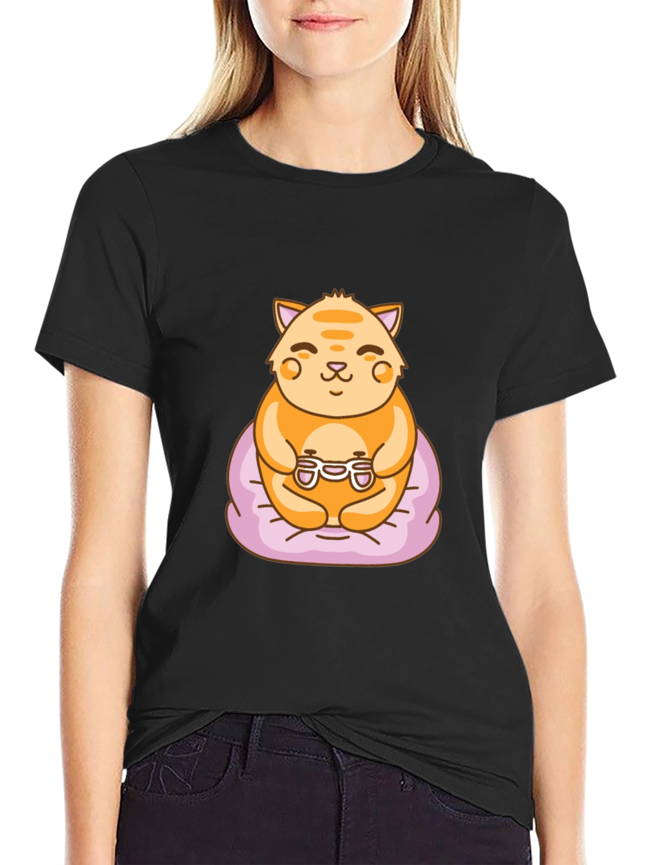 Gamer Cat Graphic Tee - Cute Cartoon T-Shirt