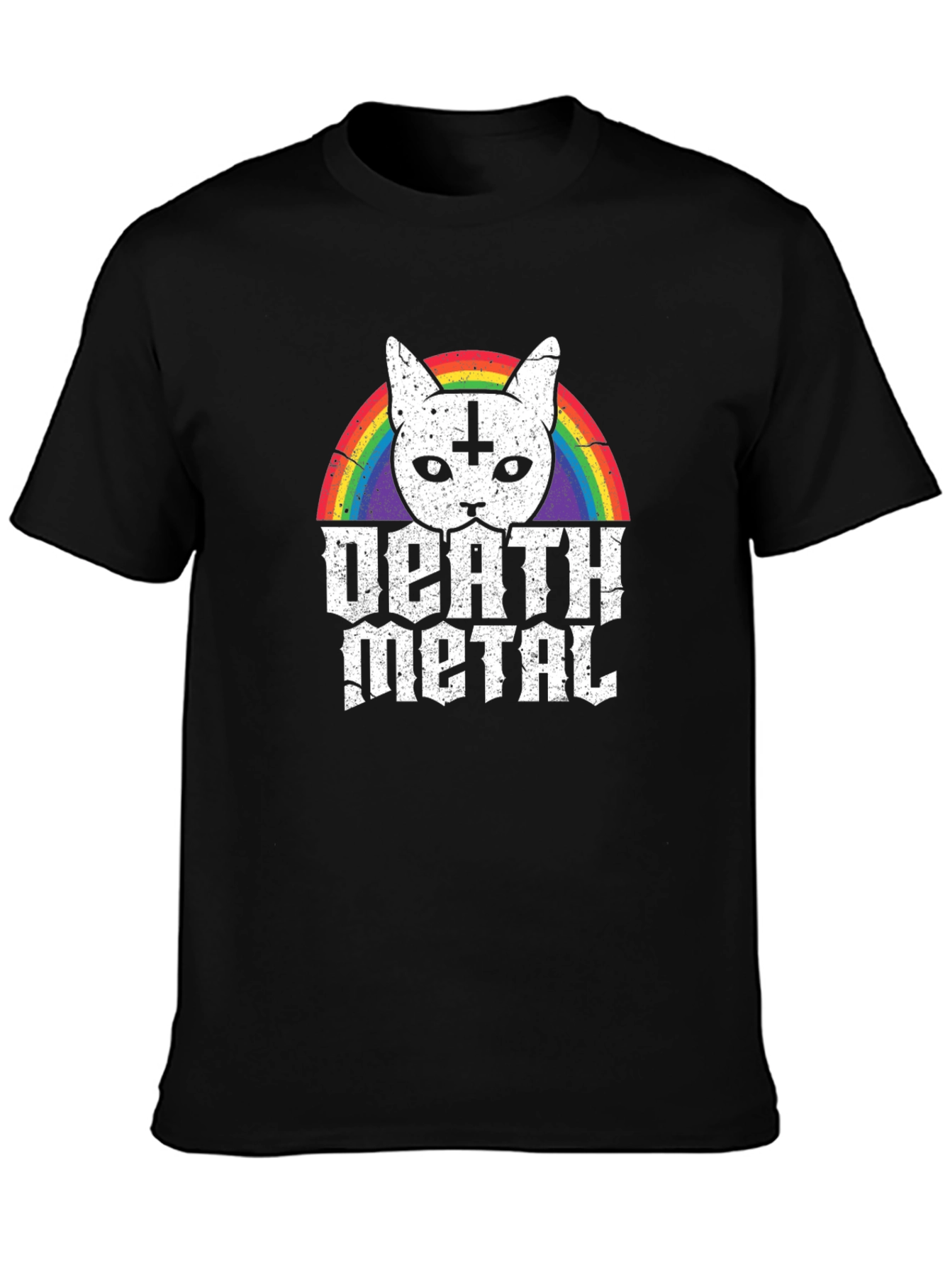 Death Metal Cat T-Shirt - Rainbow Inverted Cross Kitten Tee