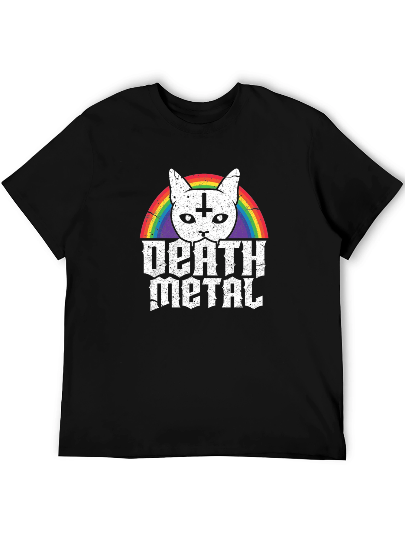 Death Metal Cat T-Shirt - Rainbow Inverted Cross Kitten Tee