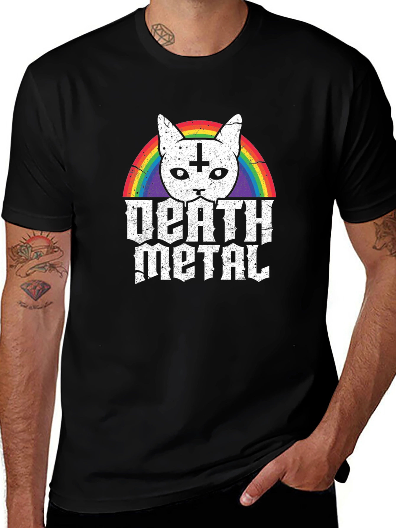 Death Metal Cat T-Shirt - Rainbow Inverted Cross Kitten Tee
