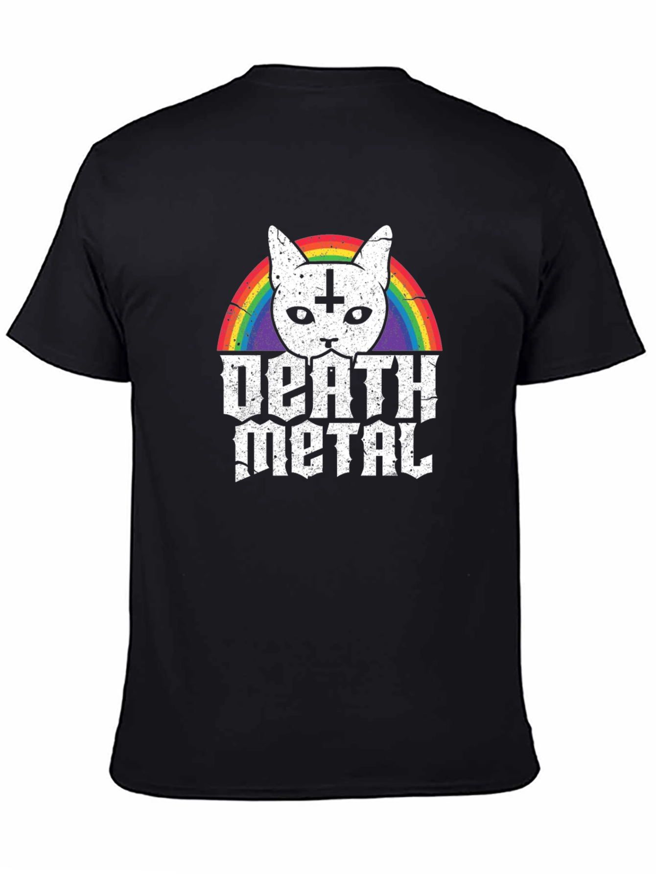 Death Metal Cat T-Shirt - Rainbow Inverted Cross Kitten Tee