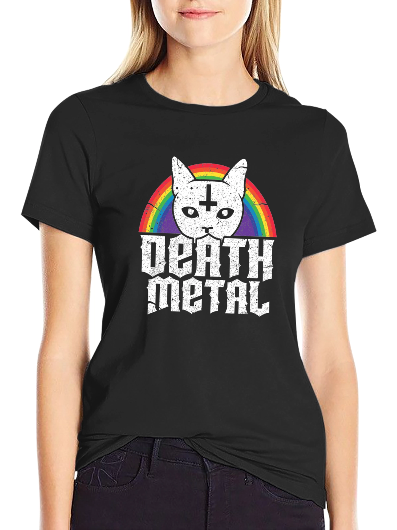 Death Metal Cat T-Shirt - Rainbow Inverted Cross Kitten Tee