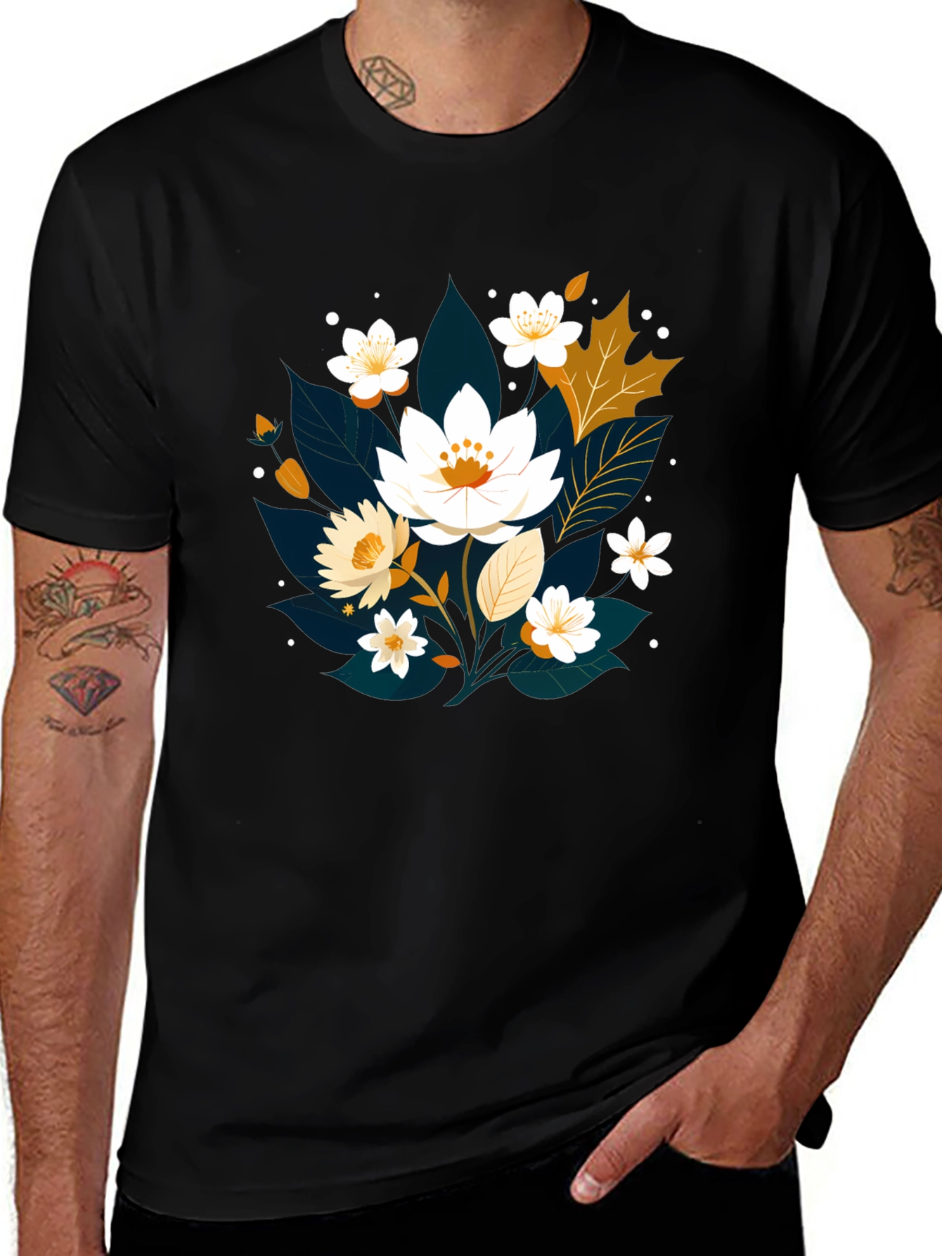 Floral Print Black T-Shirt - Nature Inspired Design