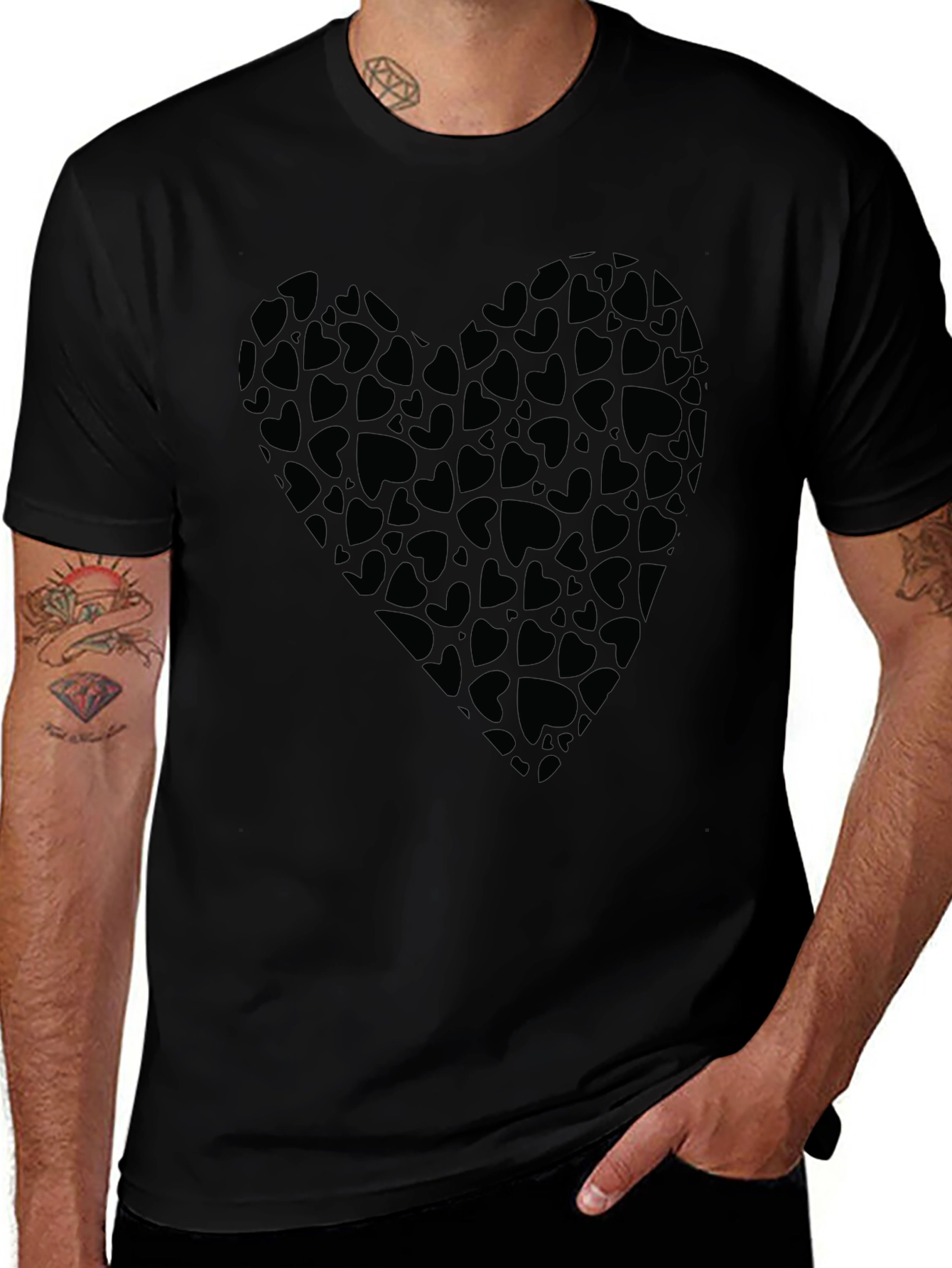 Heart Print Black T-Shirt for Men