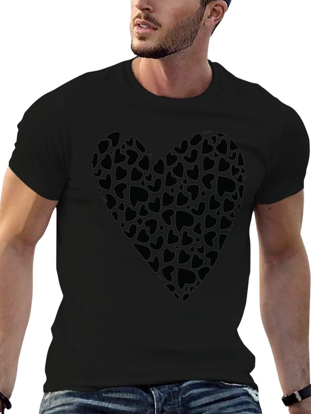 Heart Print Black T-Shirt for Men