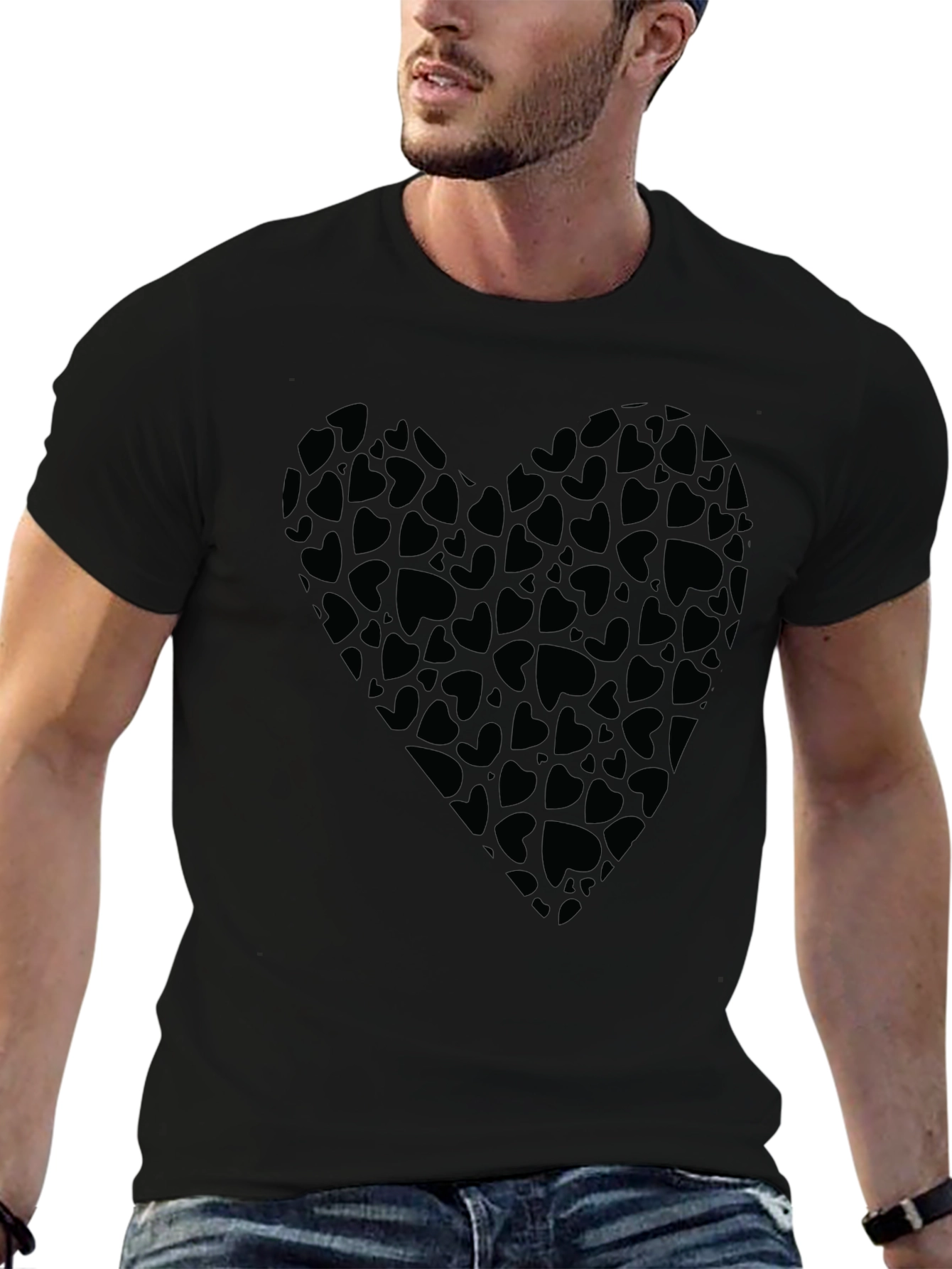 Heart Print Black T-Shirt for Men