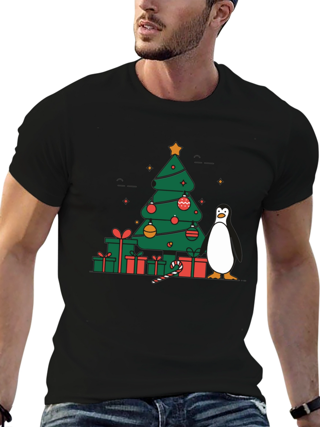 Festive Christmas Tree & Penguin Graphic Tee