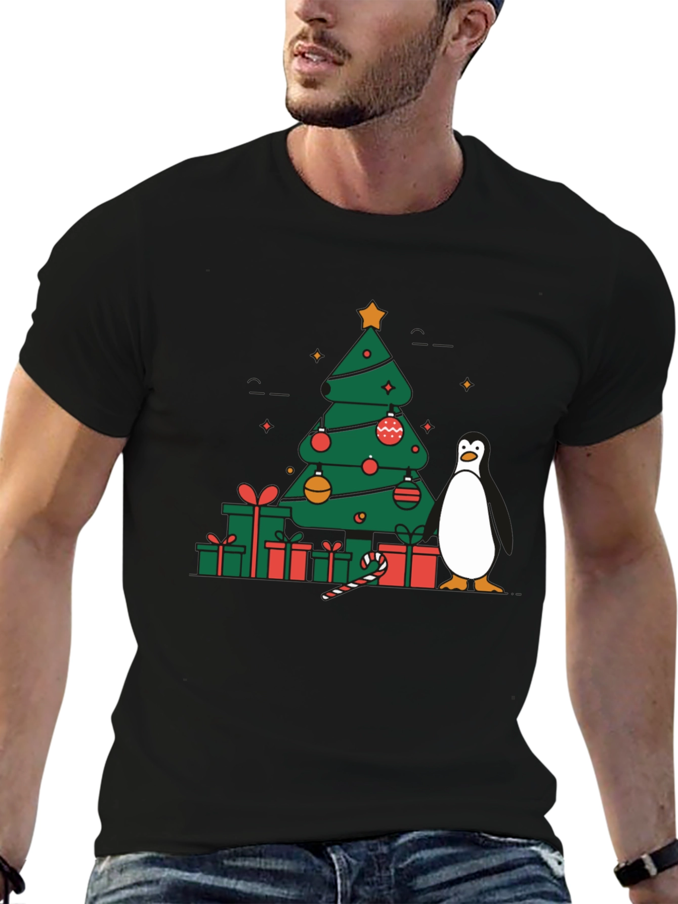 Festive Christmas Tree & Penguin Graphic Tee